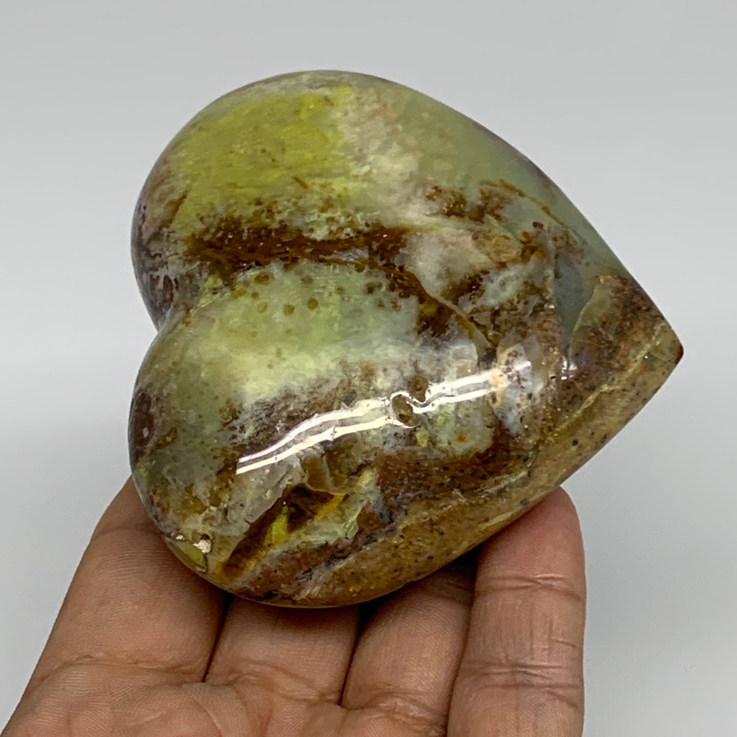 225.9g, 2.9"x3.2"x1.4", Green Opal Heart Polished Gemstone Crystal, B35611