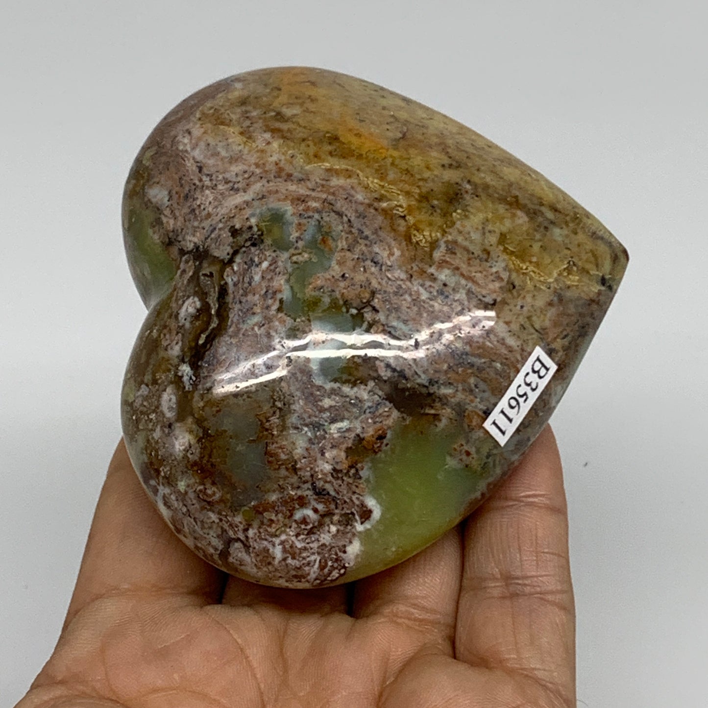 225.9g, 2.9"x3.2"x1.4", Green Opal Heart Polished Gemstone Crystal, B35611