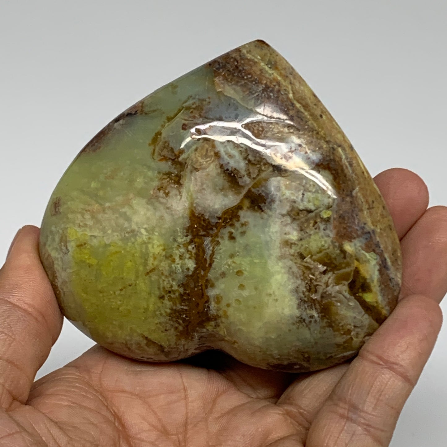 225.9g, 2.9"x3.2"x1.4", Green Opal Heart Polished Gemstone Crystal, B35611