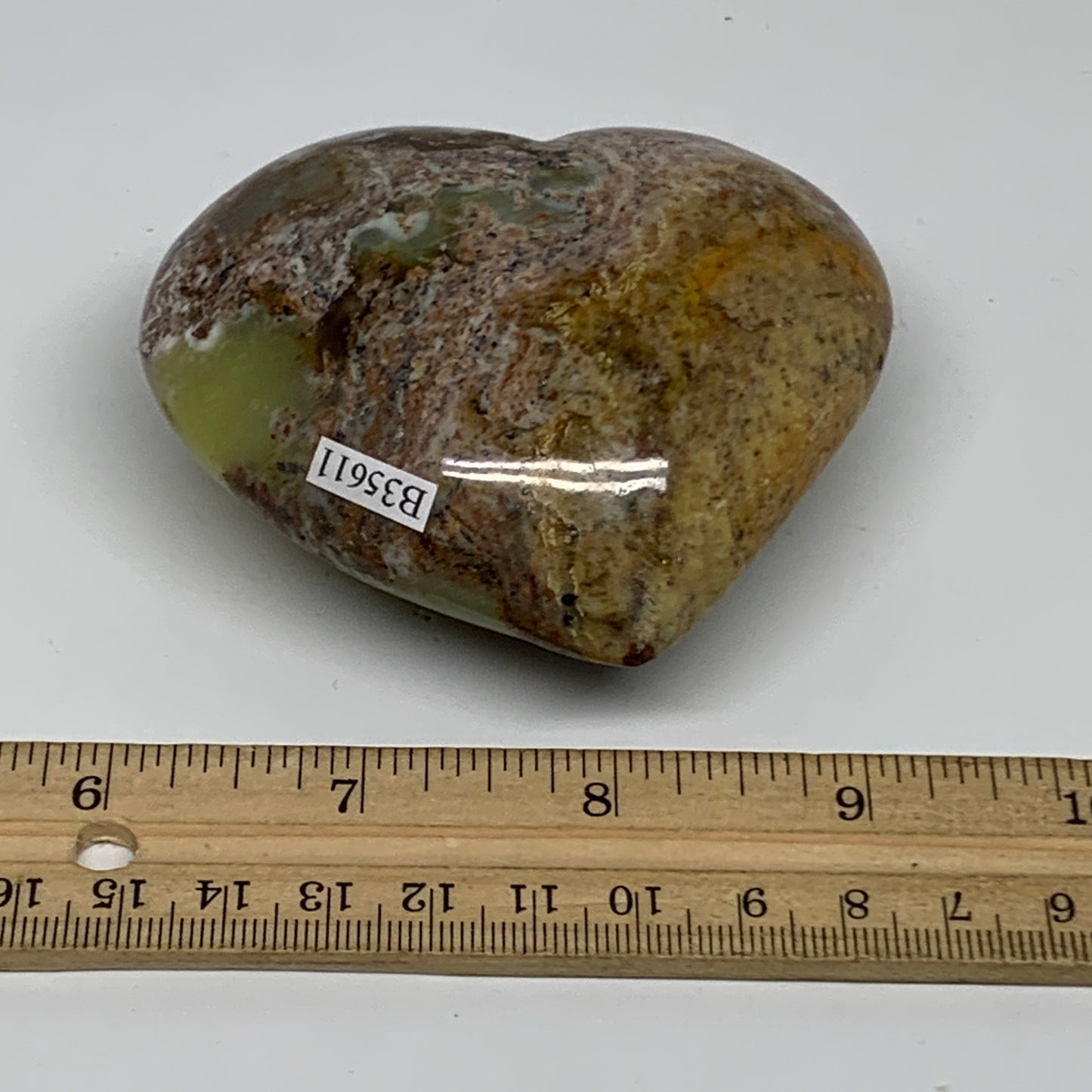 225.9g, 2.9"x3.2"x1.4", Green Opal Heart Polished Gemstone Crystal, B35611