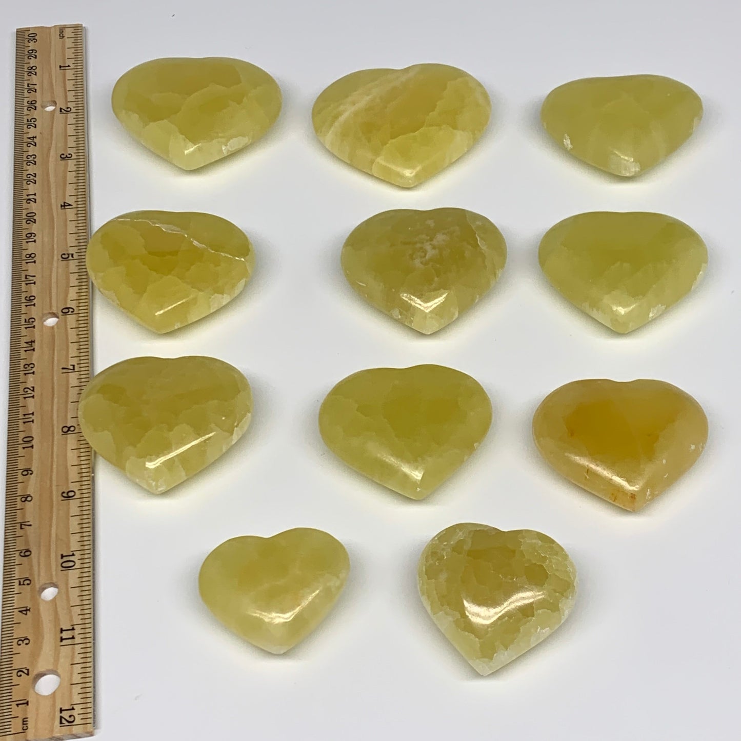 1010g (2.2 lbs) ,11 pcs, 1.5"- 2.3", Lemon Calcite Hearts @Afghanistan, B26838