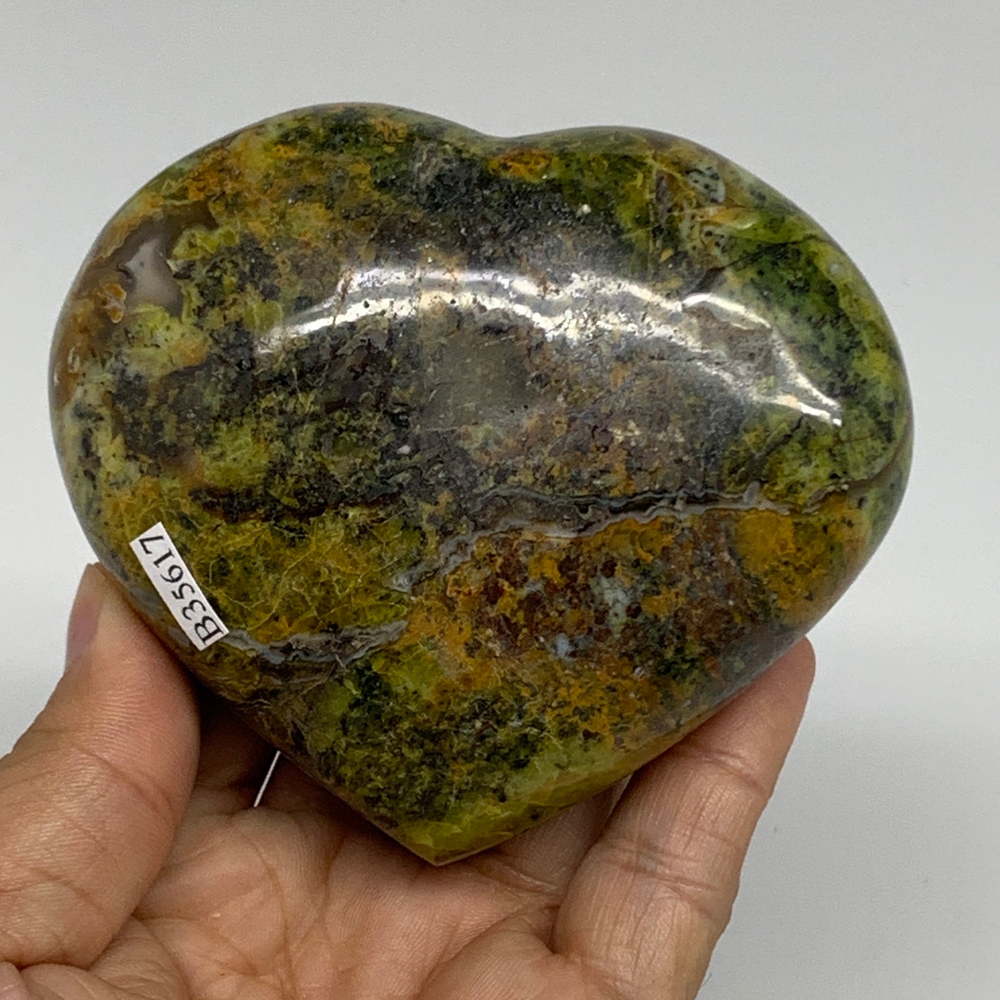 319.9g,3.2"x3.6"x1.5", Green Opal Heart Polished Gemstone Crystal, B35617