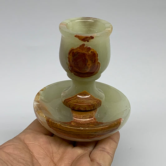 267g, 3.2"x1.5"x2.9", Natural Green Onyx Candle Holder Gemstone Hand Carved, B32