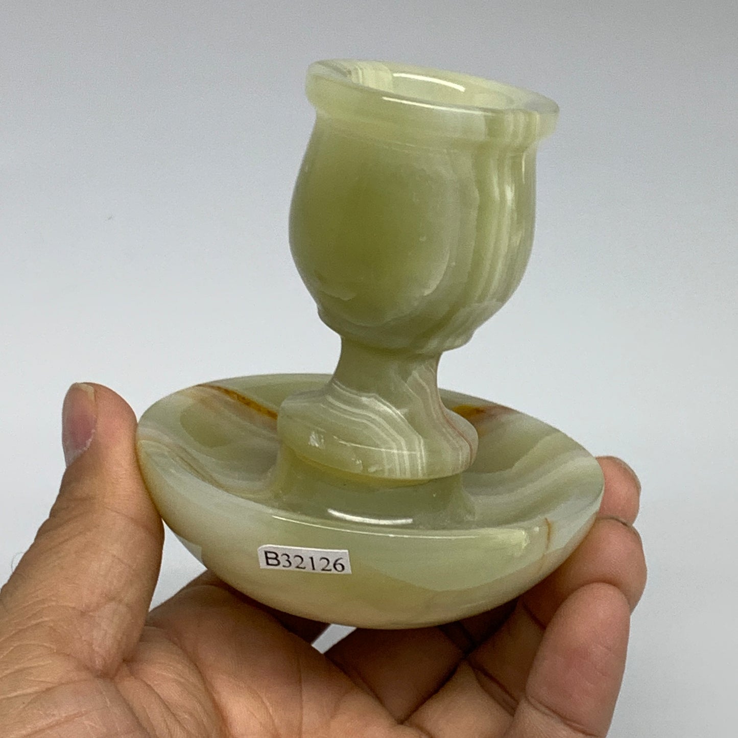 277g, 3.1"x1.5"x2.9", Natural Green Onyx Candle Holder Gemstone Hand Carved, B32