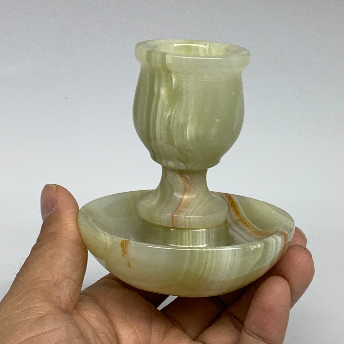 277g, 3.1"x1.5"x2.9", Natural Green Onyx Candle Holder Gemstone Hand Carved, B32