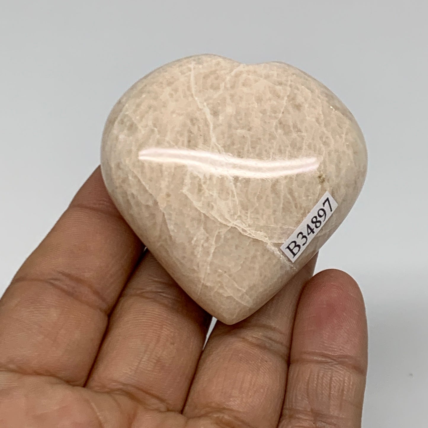 85g, 2.1"x2"x1", Peach Moonstone Heart Crystal Polished Gemstone, B34897