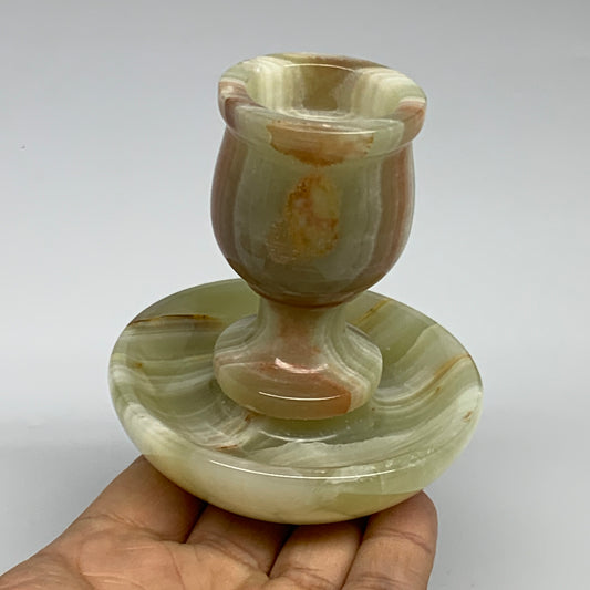 297g, 3.3"x1.5"x3", Natural Green Onyx Candle Holder Gemstone Hand Carved, B3212