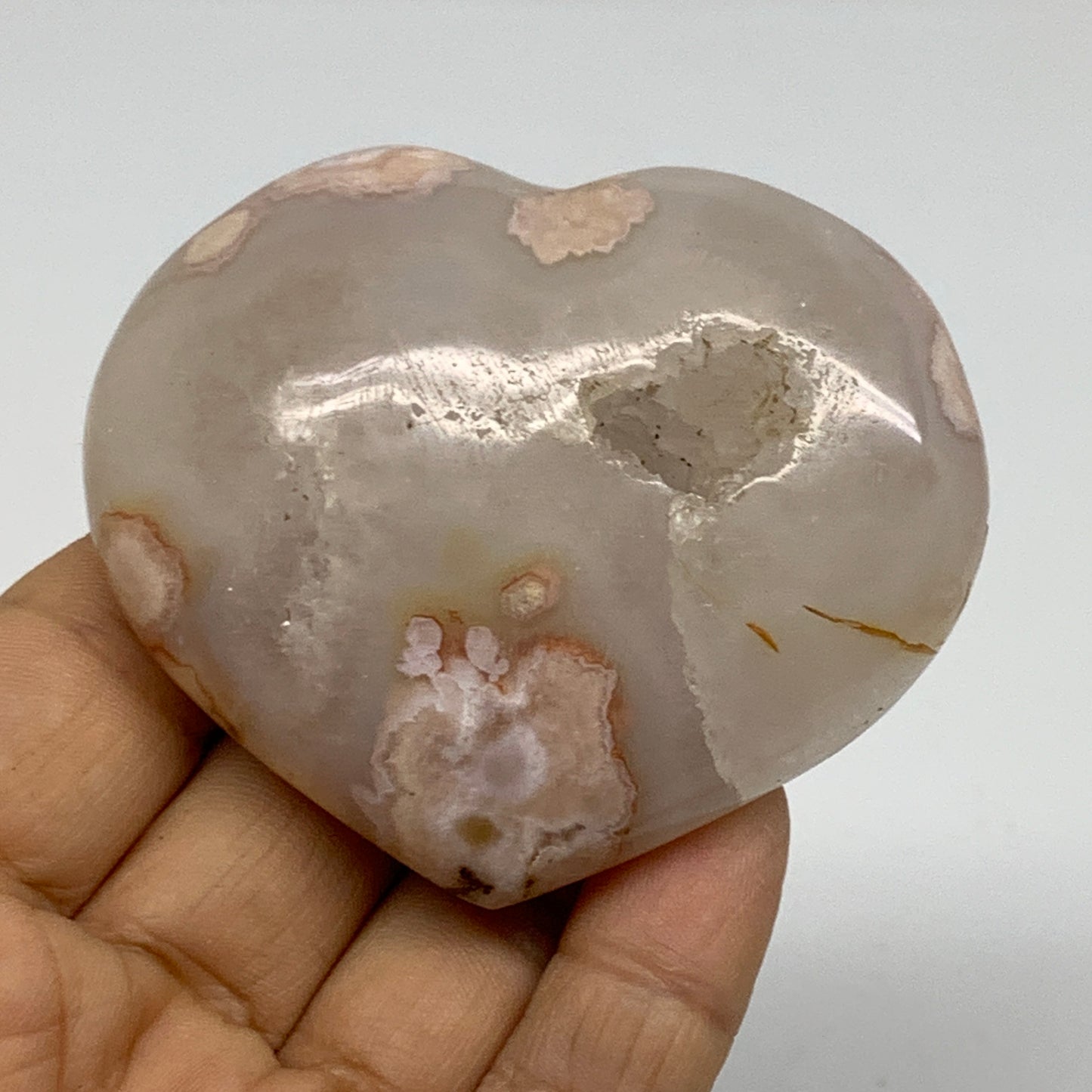 0.28 lbs, 2.3"x2.7"x1", Cherry Blossom Flower Agate Heart Crystal, B37121