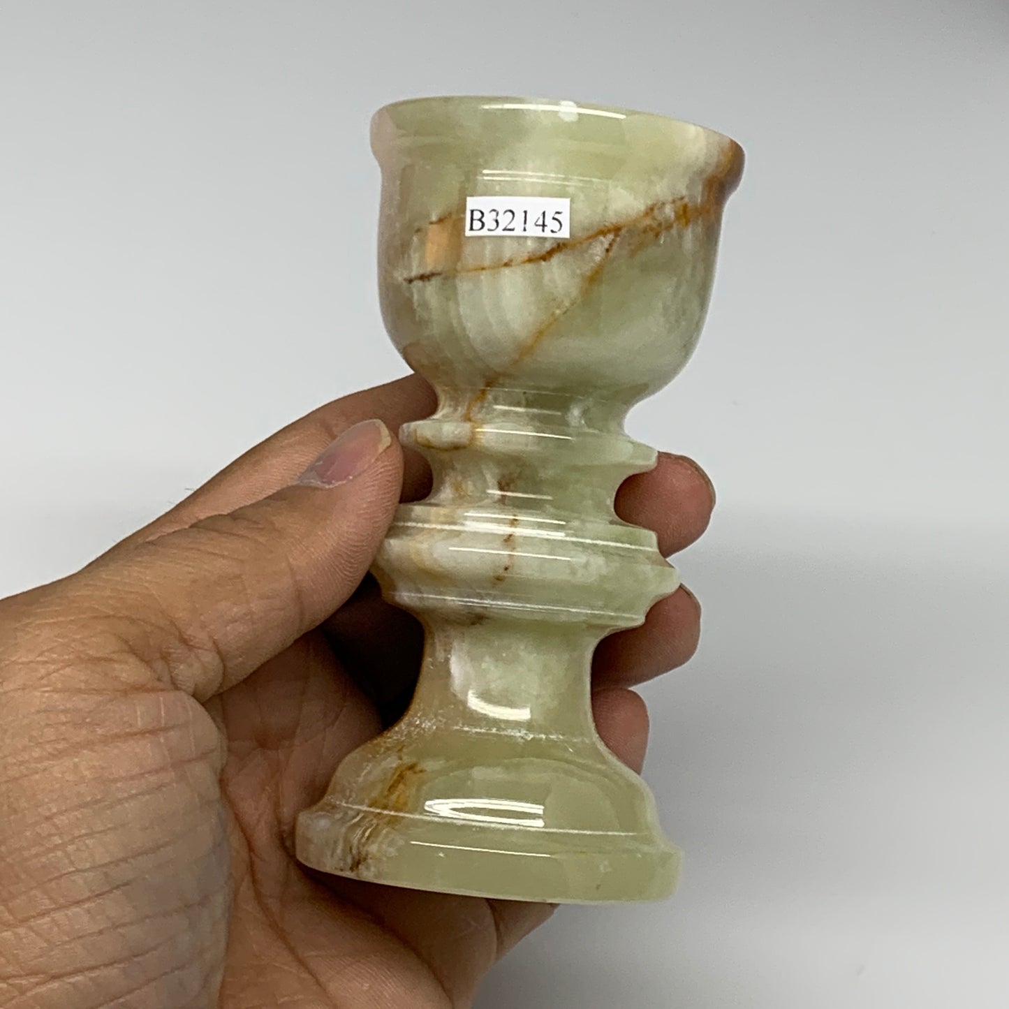 261g, 3.8"x1.9", Natural Green Onyx Candle Holder Gemstone Hand Carved, B32145