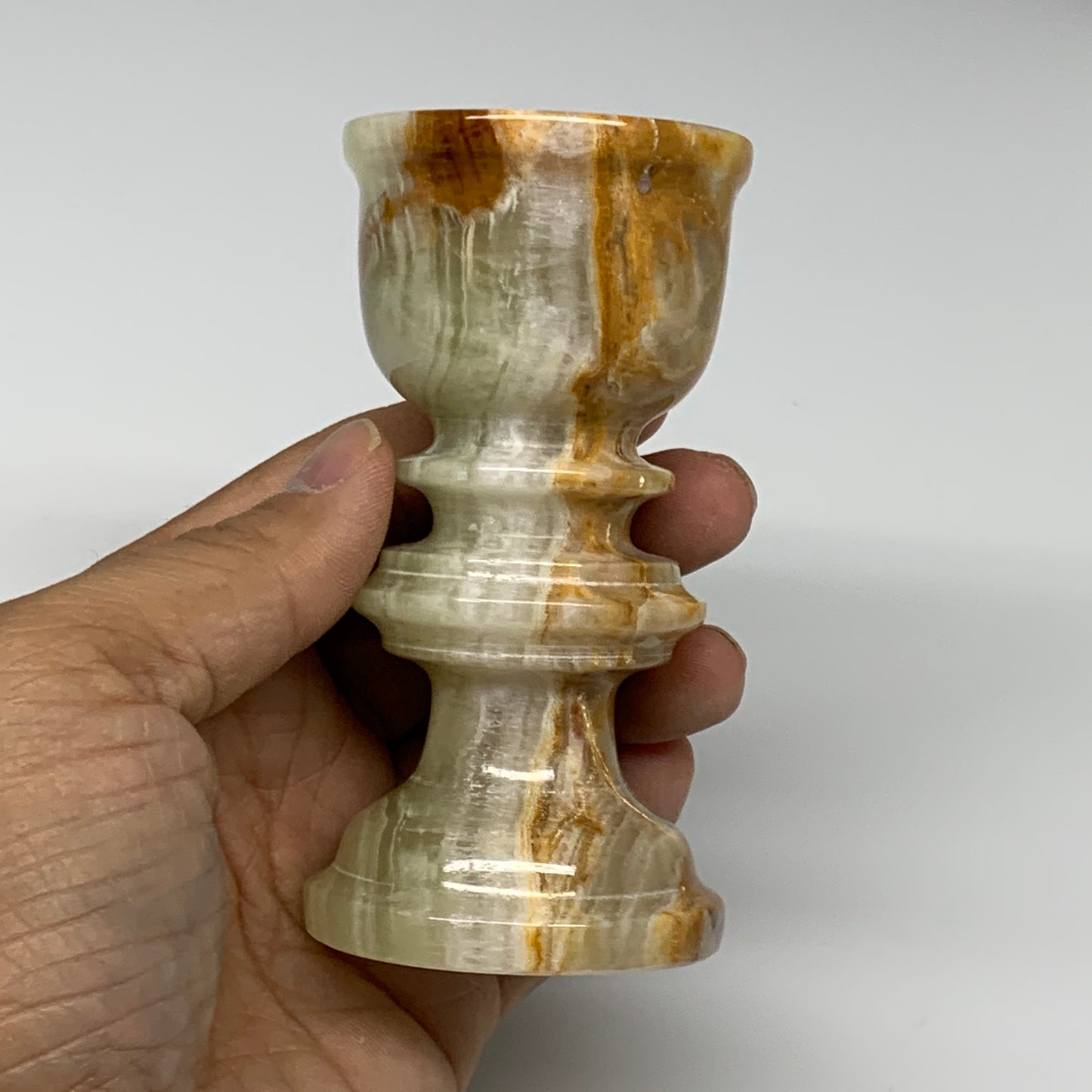 261g, 3.8"x1.9", Natural Green Onyx Candle Holder Gemstone Hand Carved, B32145