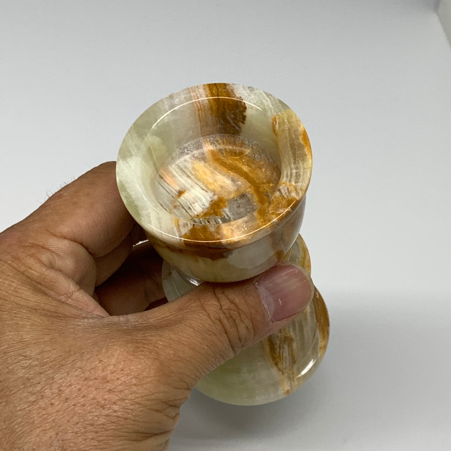 261g, 3.8"x1.9", Natural Green Onyx Candle Holder Gemstone Hand Carved, B32145