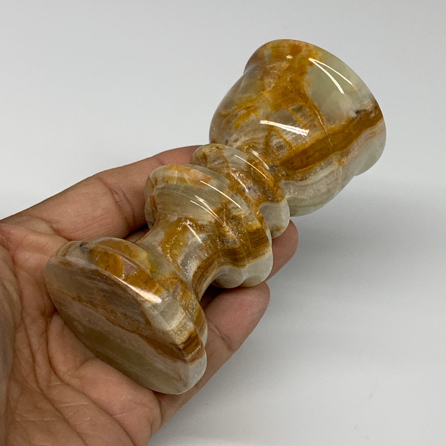 261g, 3.8"x1.9", Natural Green Onyx Candle Holder Gemstone Hand Carved, B32145