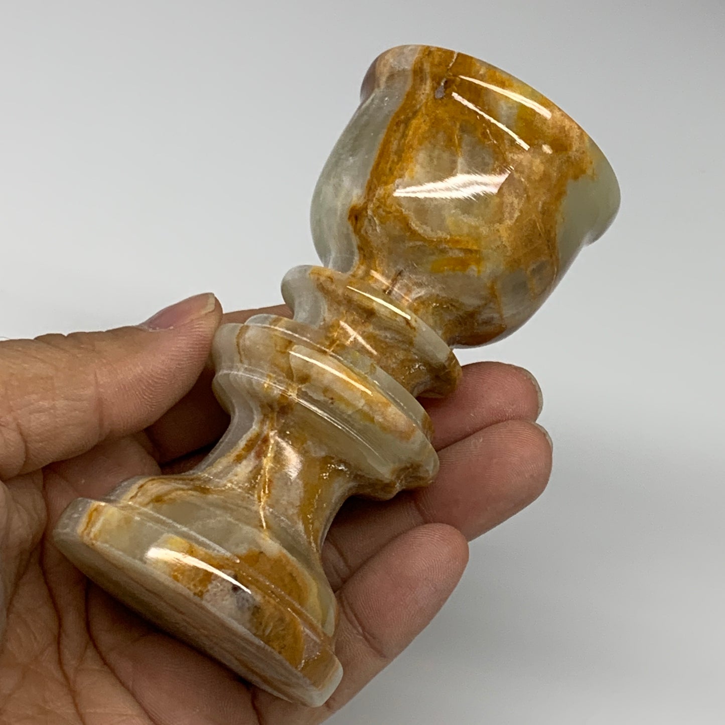 261g, 3.8"x1.9", Natural Green Onyx Candle Holder Gemstone Hand Carved, B32145