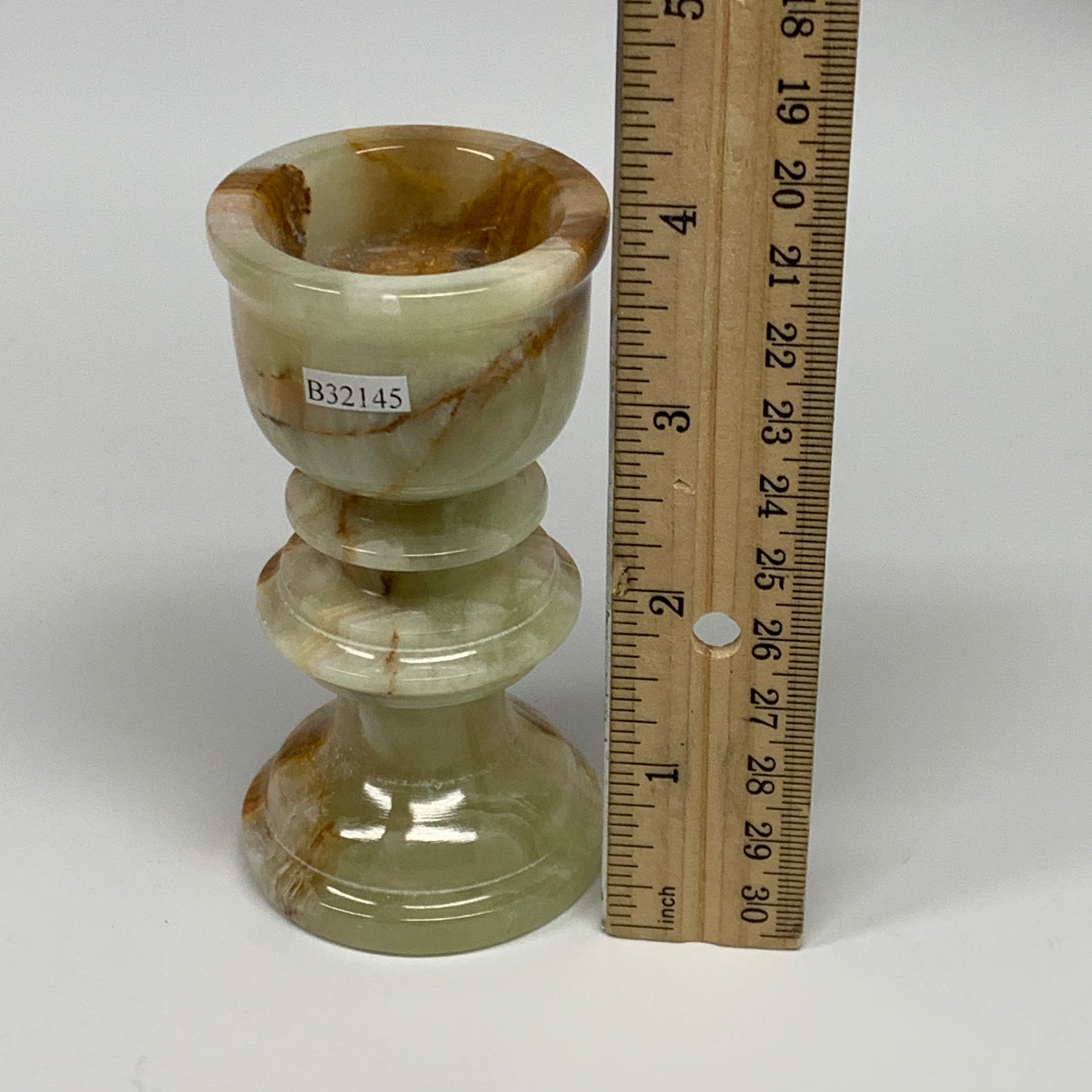 261g, 3.8"x1.9", Natural Green Onyx Candle Holder Gemstone Hand Carved, B32145