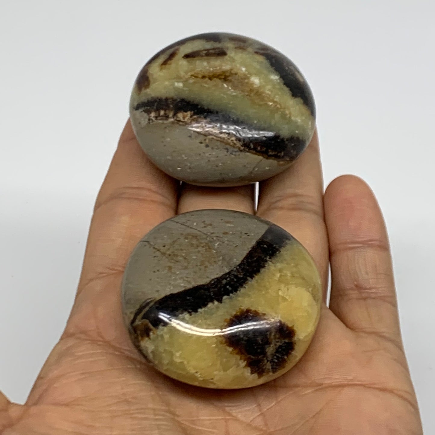 125.6g,1.7"-1.8", 2pcs, Septarian Nodule Palm-Stone Polished Crystal, B37961