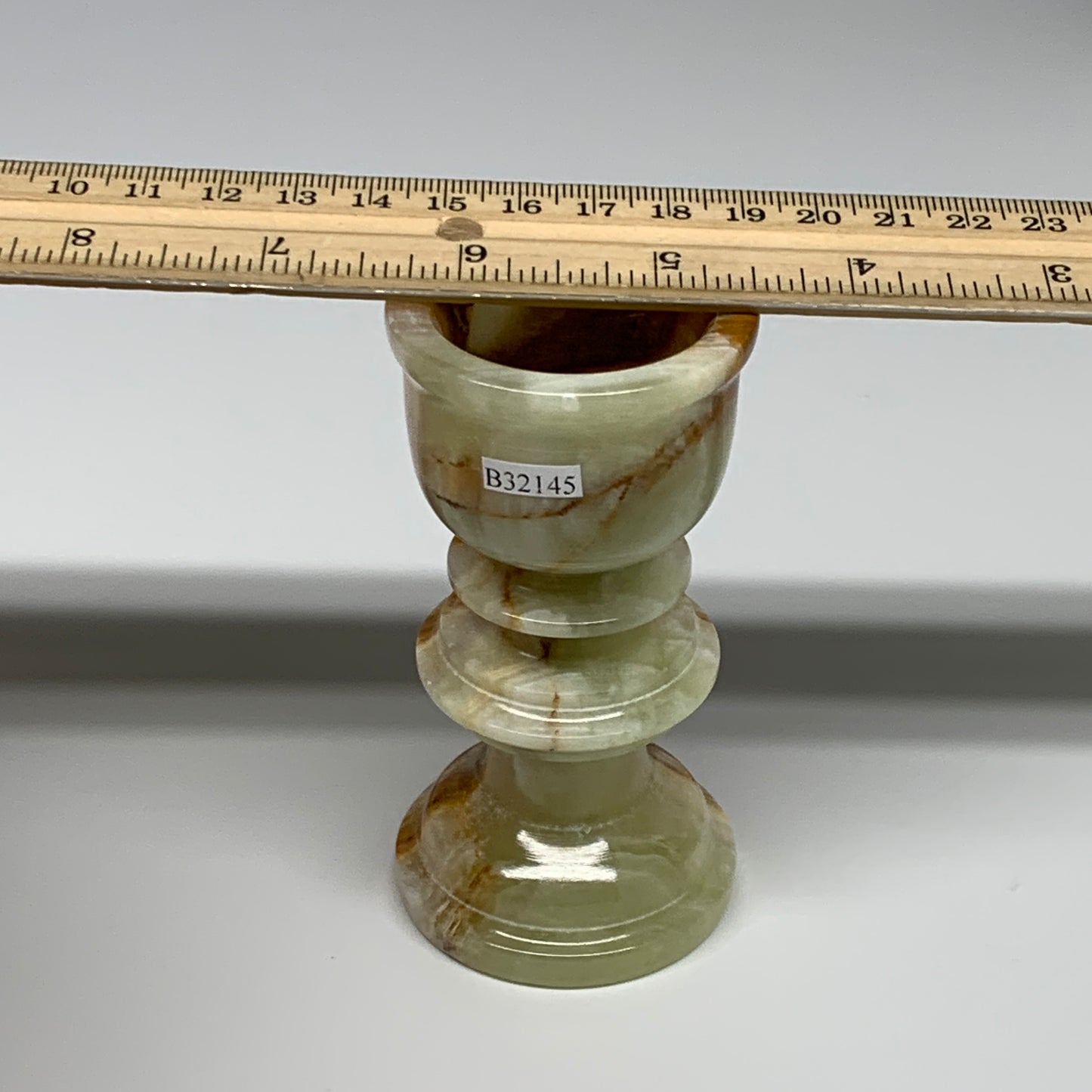 261g, 3.8"x1.9", Natural Green Onyx Candle Holder Gemstone Hand Carved, B32145