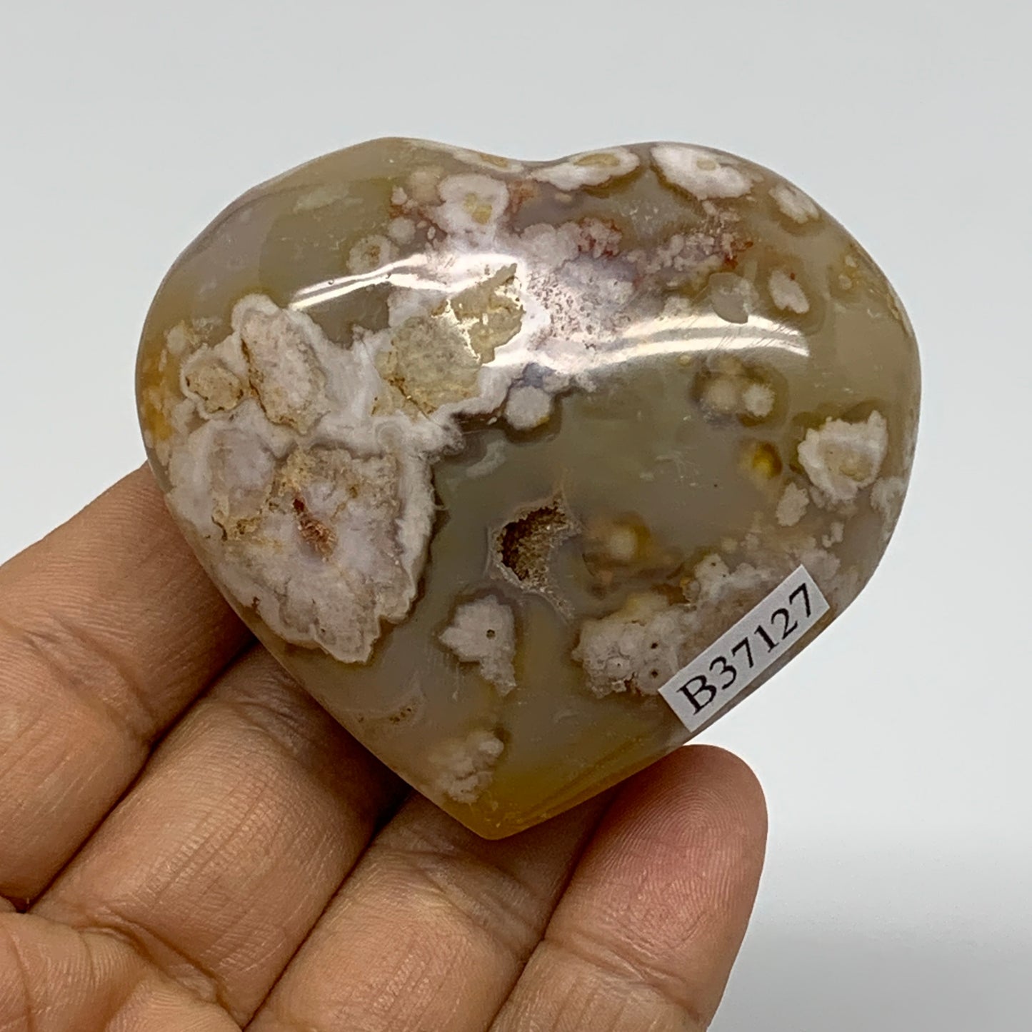 0.25 lbs, 2.2"x2.4"x1.1", Cherry Blossom Flower Agate Heart Crystal, B37127