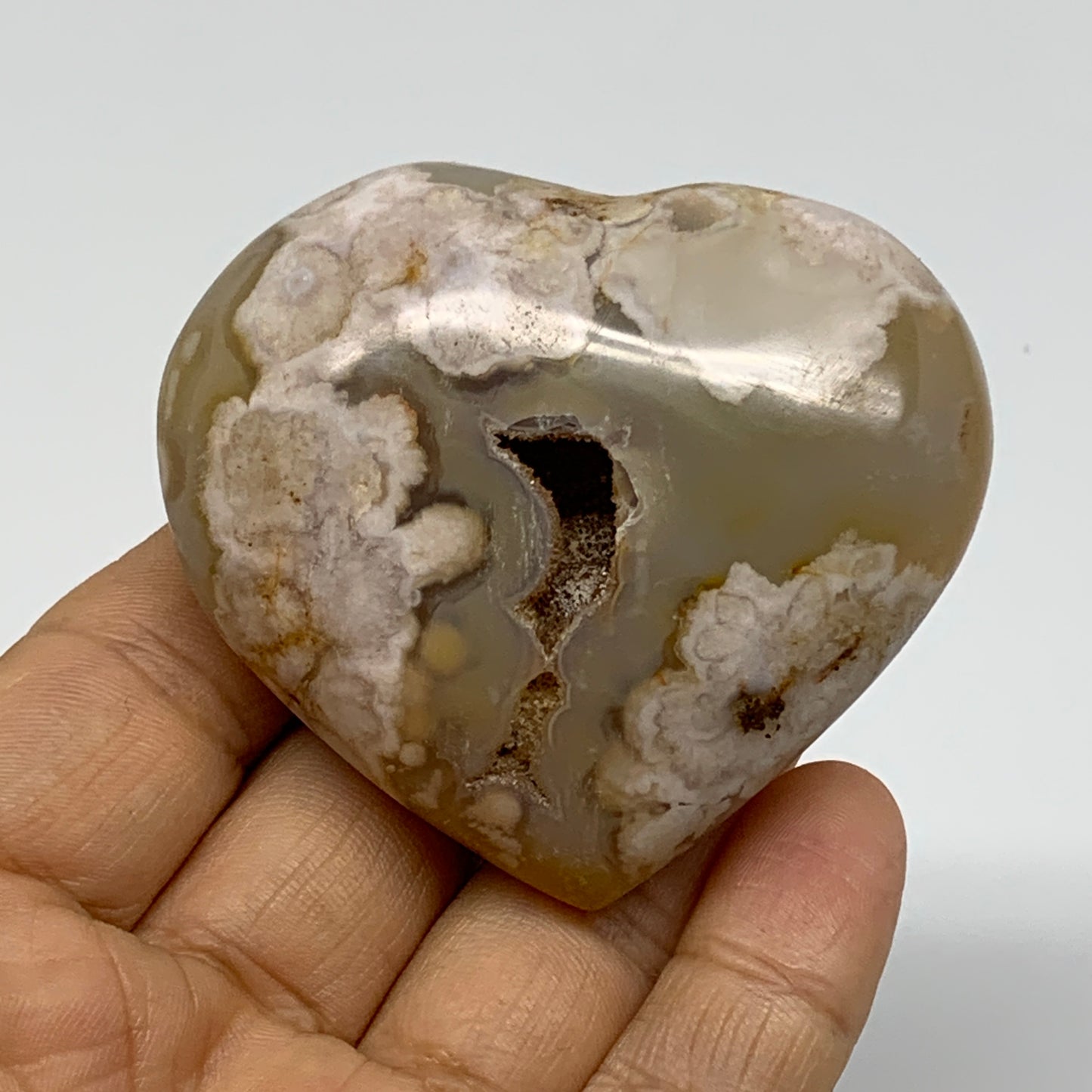 0.25 lbs, 2.2"x2.4"x1.1", Cherry Blossom Flower Agate Heart Crystal, B37127
