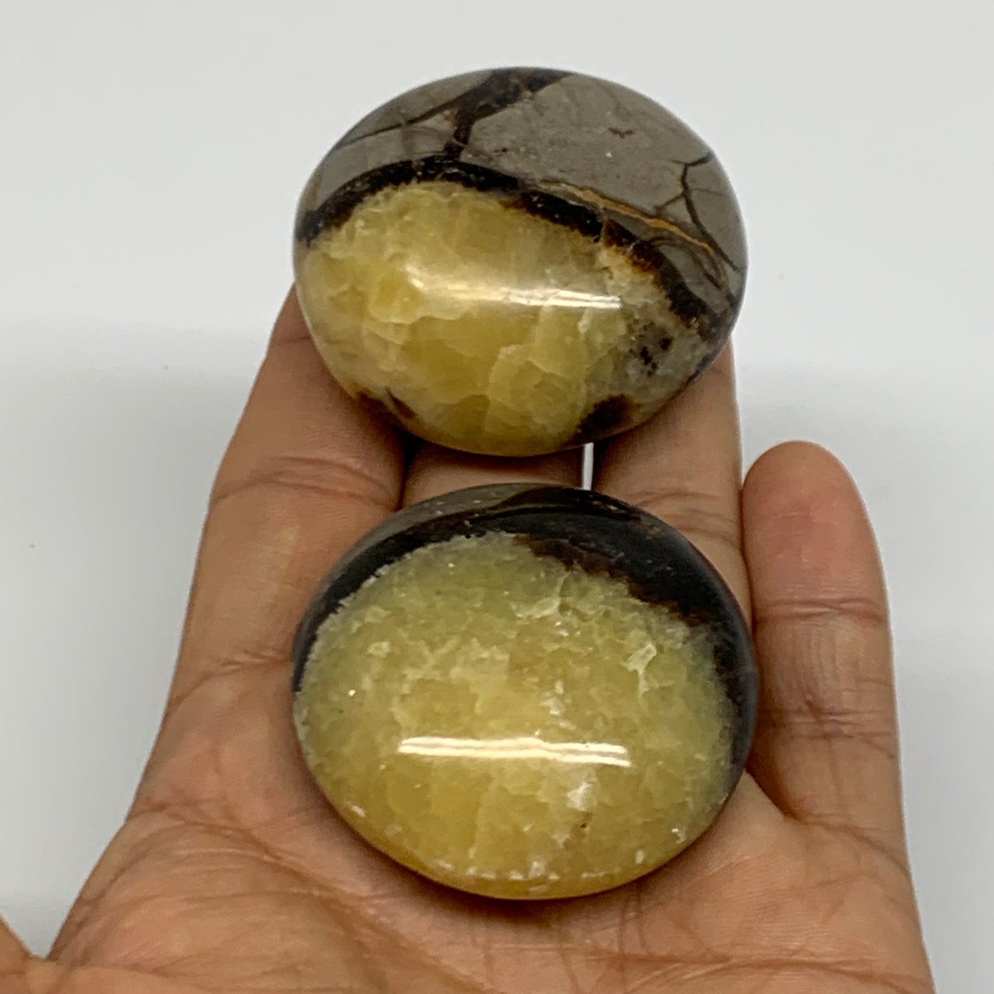 139.9g,1.8"-1.9", 2pcs, Septarian Nodule Palm-Stone Polished Crystal, B37963