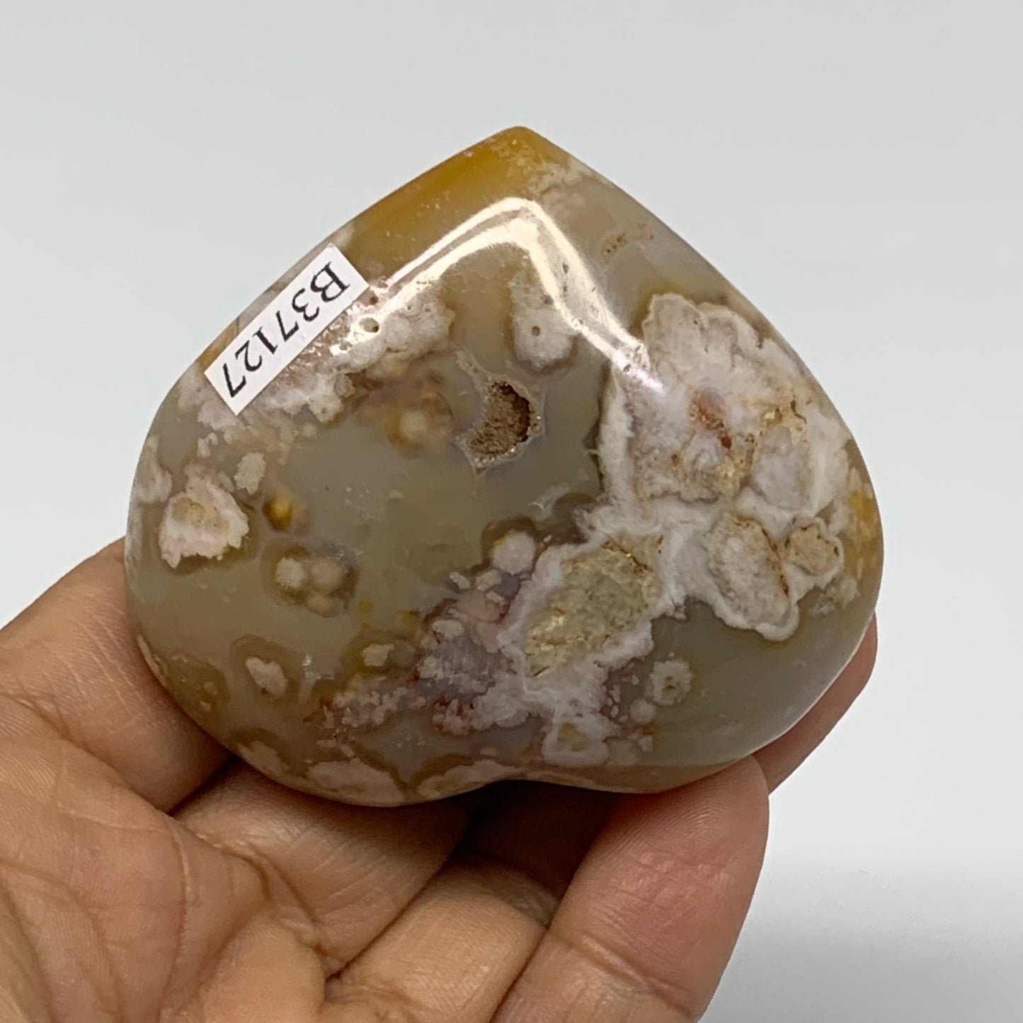 0.25 lbs, 2.2"x2.4"x1.1", Cherry Blossom Flower Agate Heart Crystal, B37127