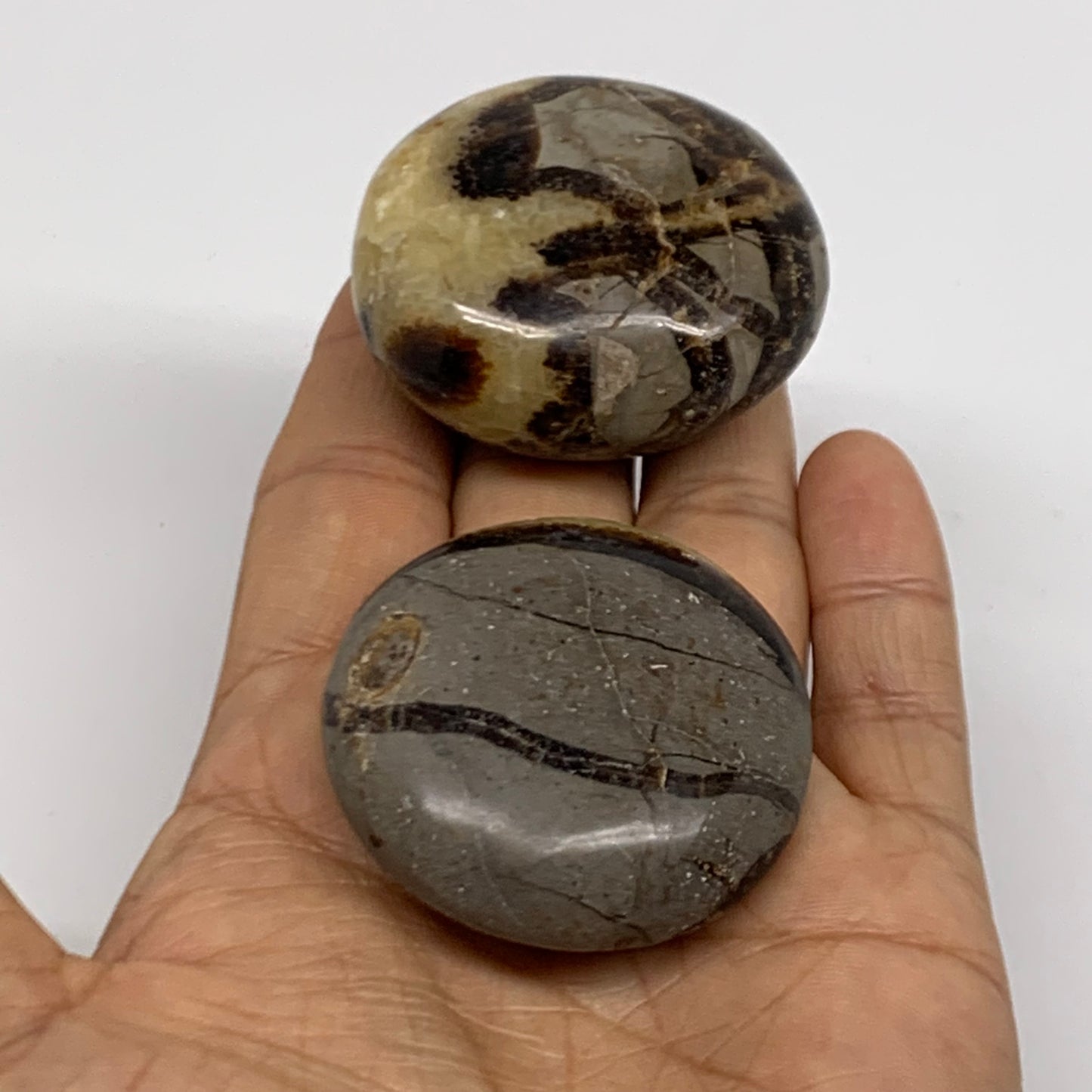 139.9g,1.8"-1.9", 2pcs, Septarian Nodule Palm-Stone Polished Crystal, B37963