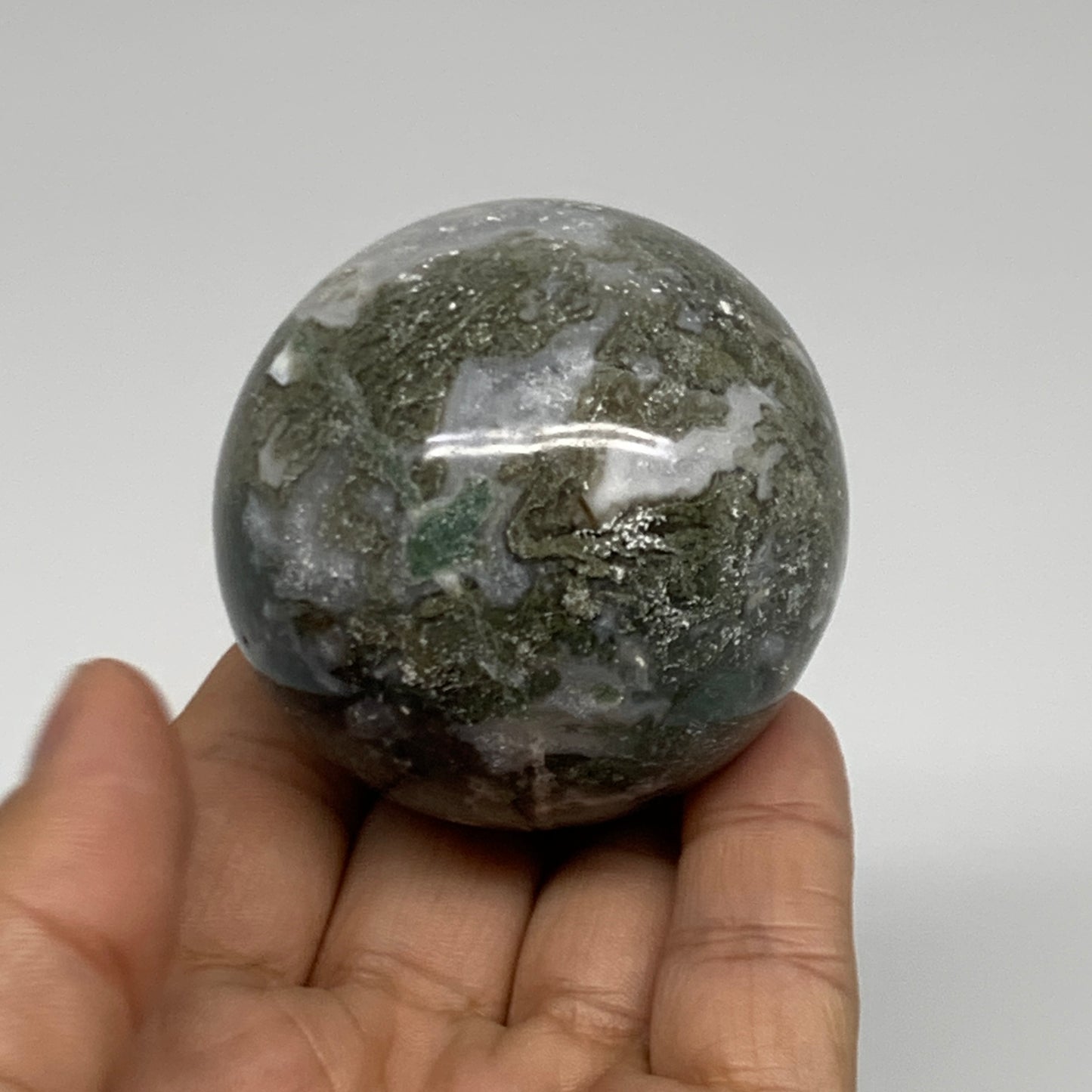 208.5g, 2.1"(53mm), Natural Moss Agate Sphere Ball Gemstone @India,B34923