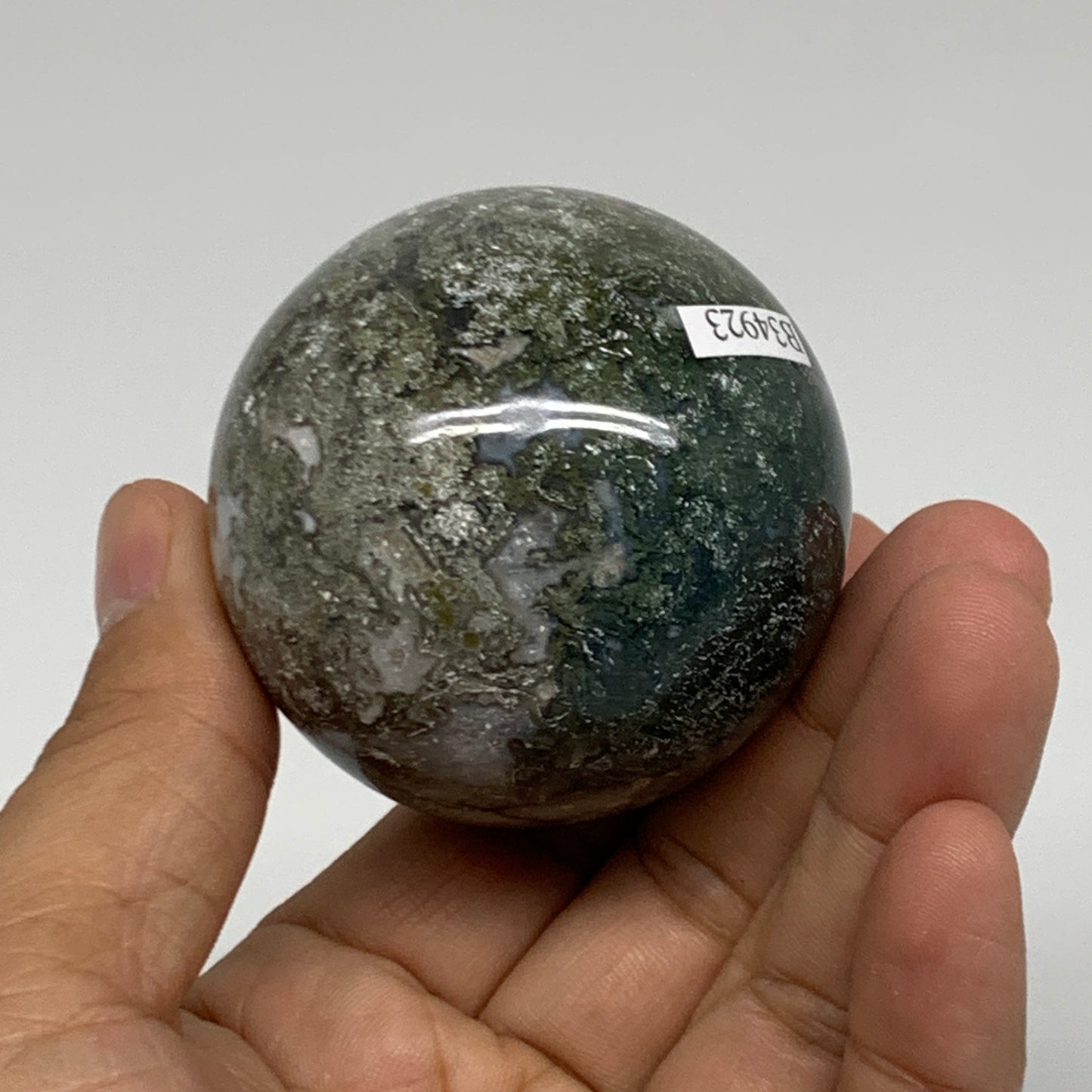 208.5g, 2.1"(53mm), Natural Moss Agate Sphere Ball Gemstone @India,B34923