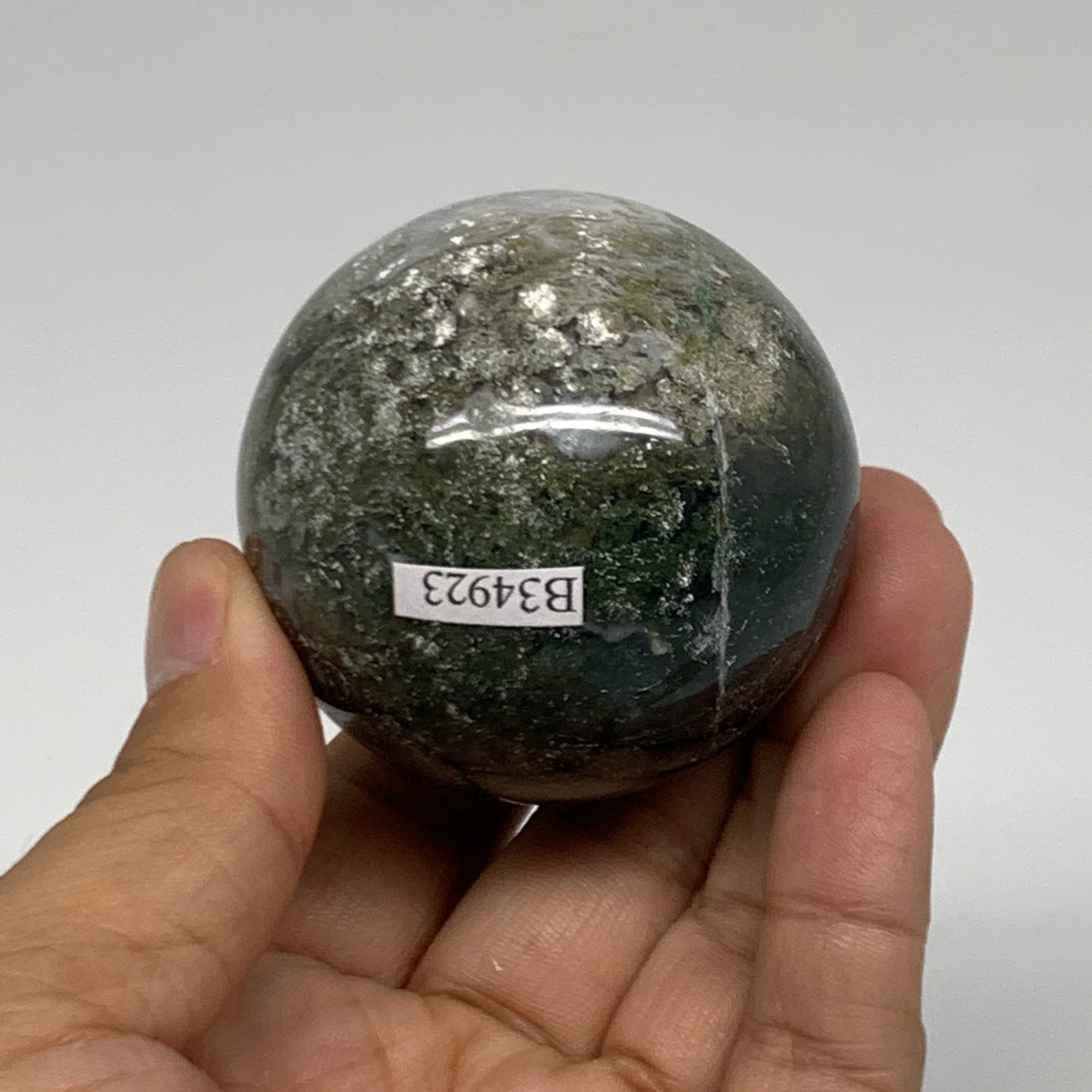 208.5g, 2.1"(53mm), Natural Moss Agate Sphere Ball Gemstone @India,B34923