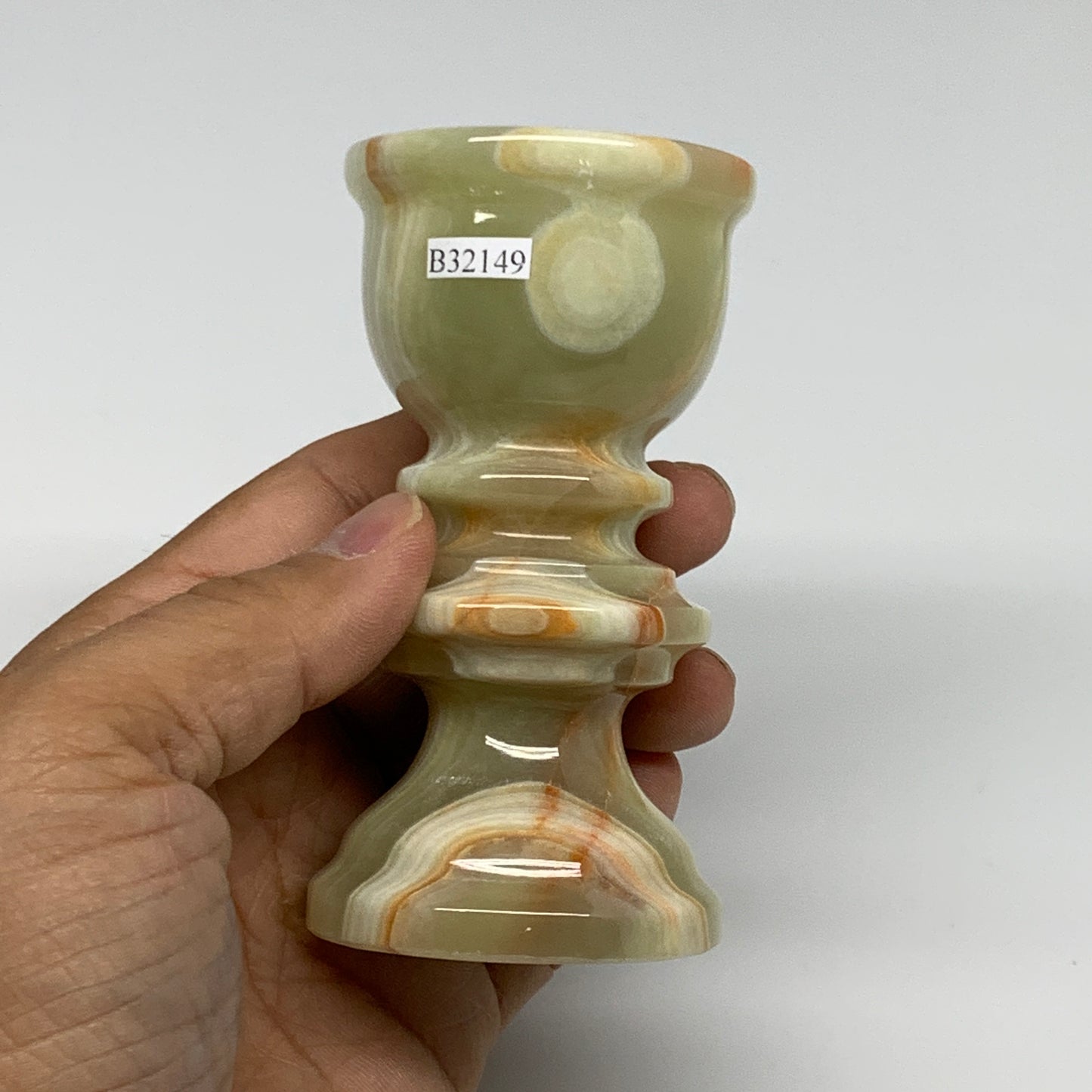 279.9g, 3.7"x2", Natural Green Onyx Candle Holder Gemstone Hand Carved, B32149
