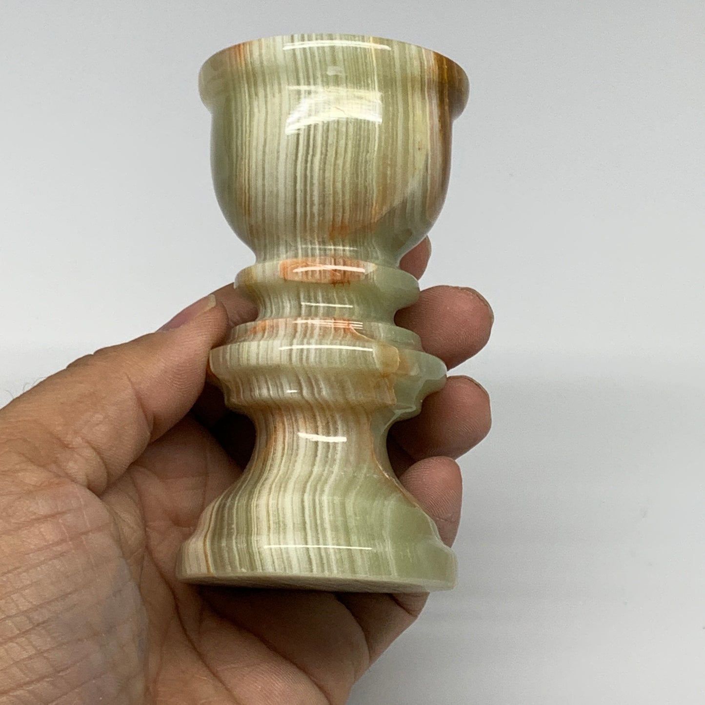 279.9g, 3.7"x2", Natural Green Onyx Candle Holder Gemstone Hand Carved, B32149