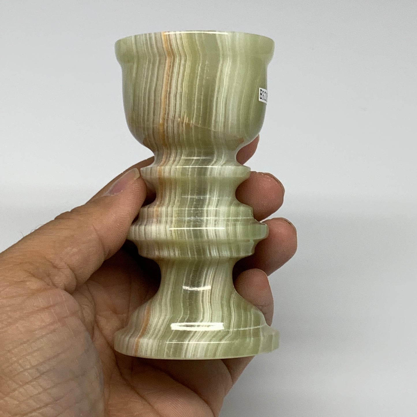 215g, 3.7"x1.9", Natural Green Onyx Candle Holder Gemstone Hand Carved, B32151