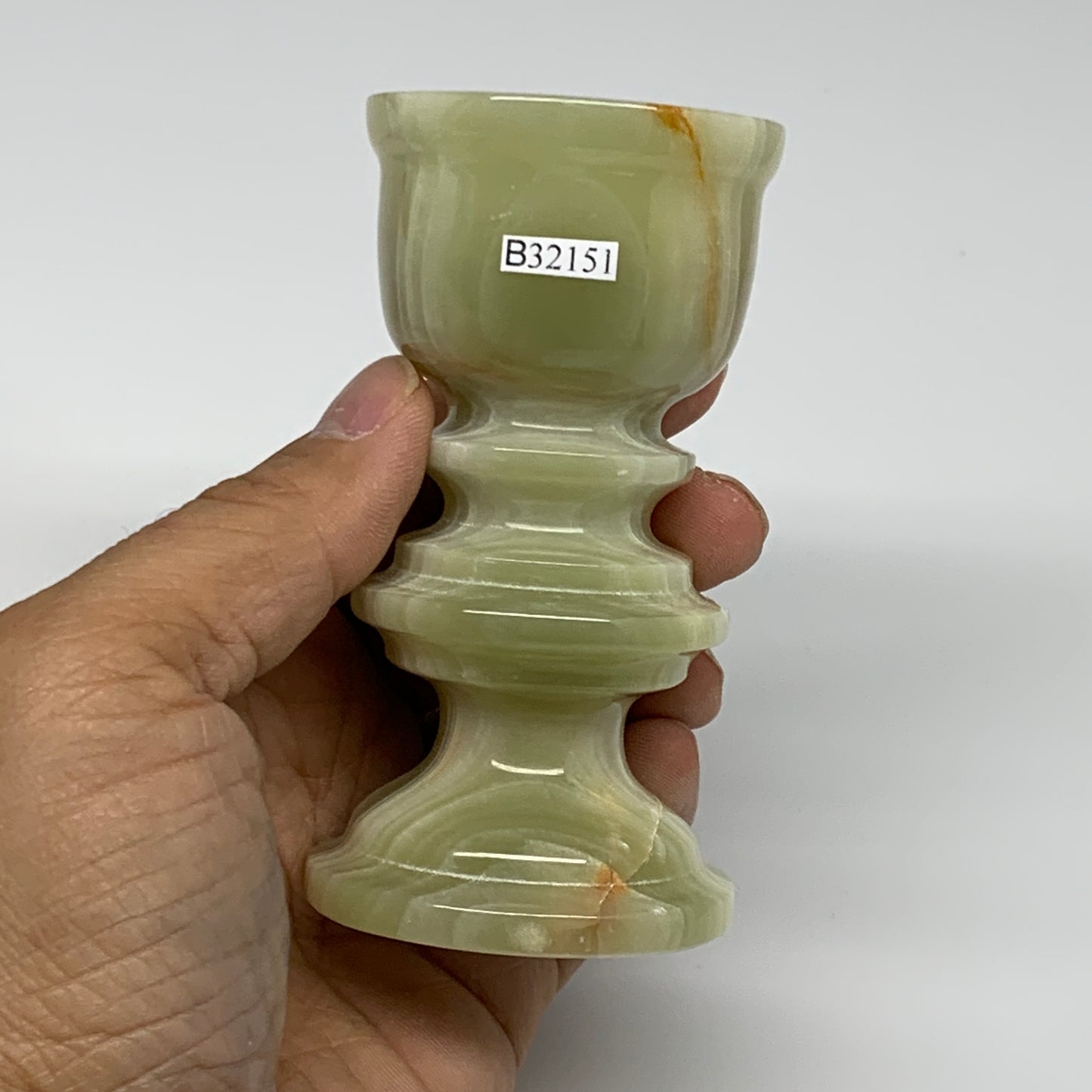 215g, 3.7"x1.9", Natural Green Onyx Candle Holder Gemstone Hand Carved, B32151