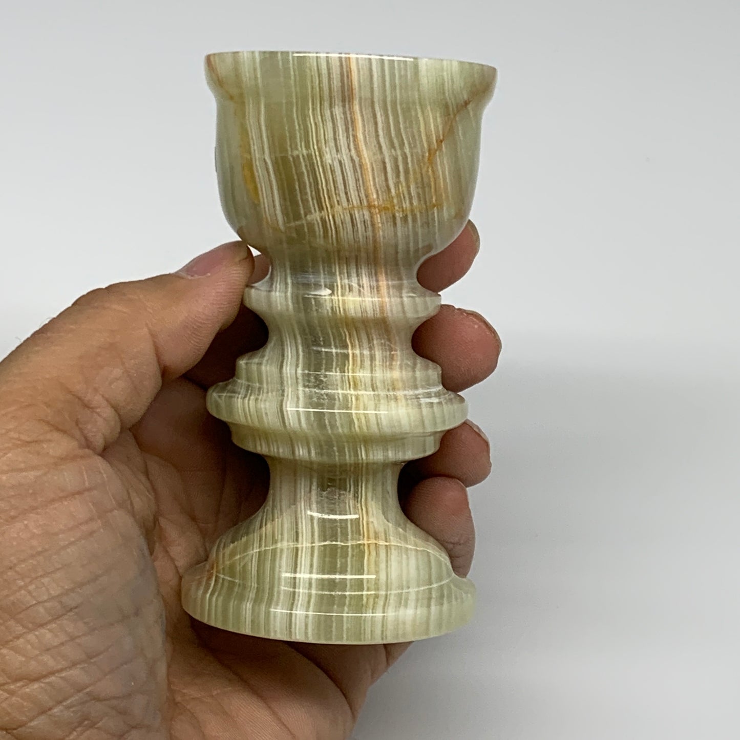 215g, 3.7"x1.9", Natural Green Onyx Candle Holder Gemstone Hand Carved, B32151