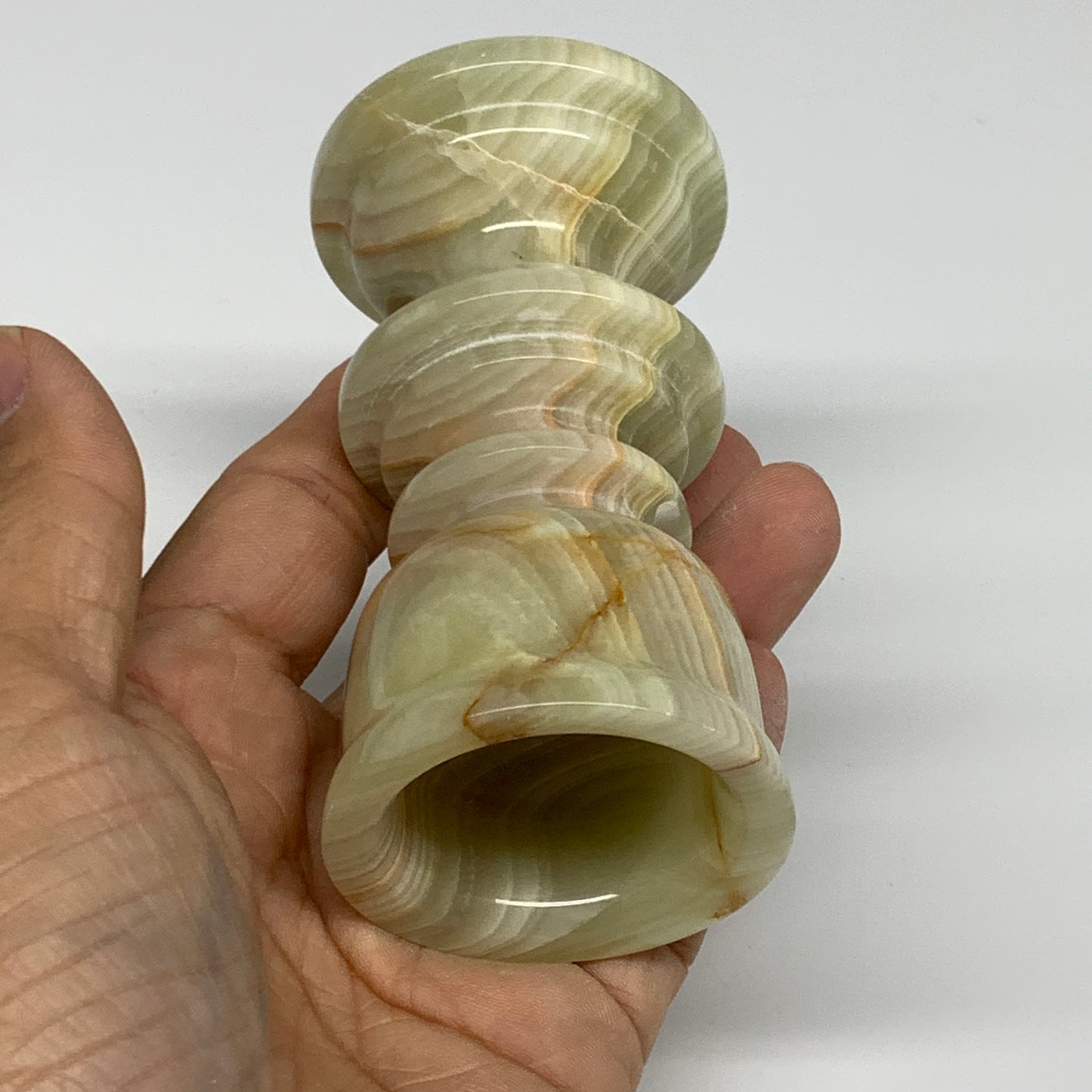 215g, 3.7"x1.9", Natural Green Onyx Candle Holder Gemstone Hand Carved, B32151