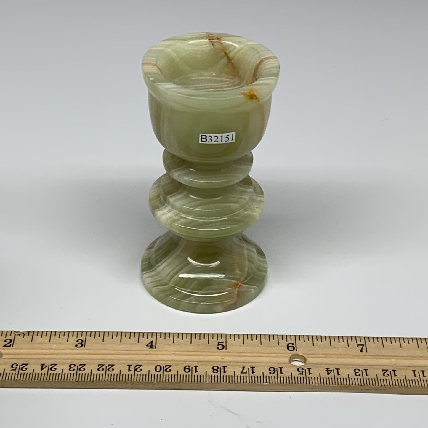 215g, 3.7"x1.9", Natural Green Onyx Candle Holder Gemstone Hand Carved, B32151