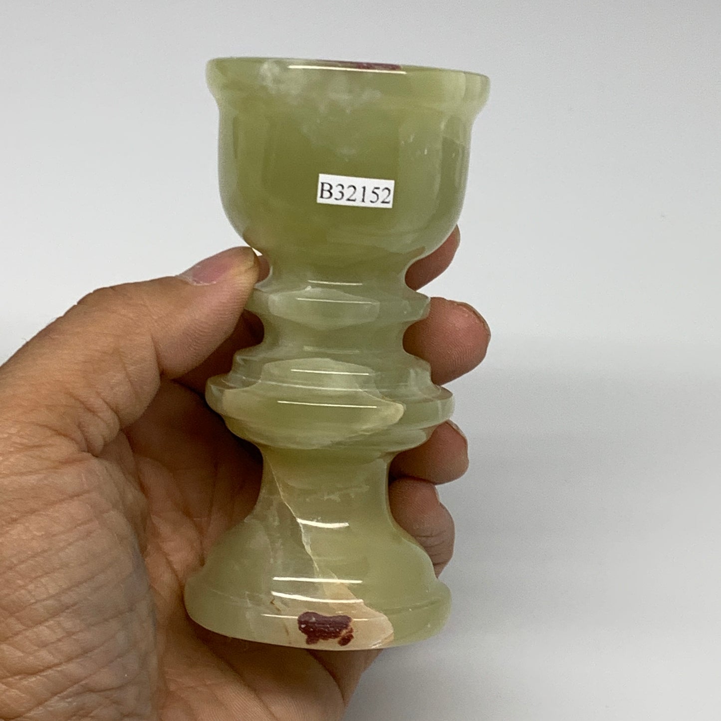 265g, 3.8"x1.9", Natural Green Onyx Candle Holder Gemstone Hand Carved, B32152
