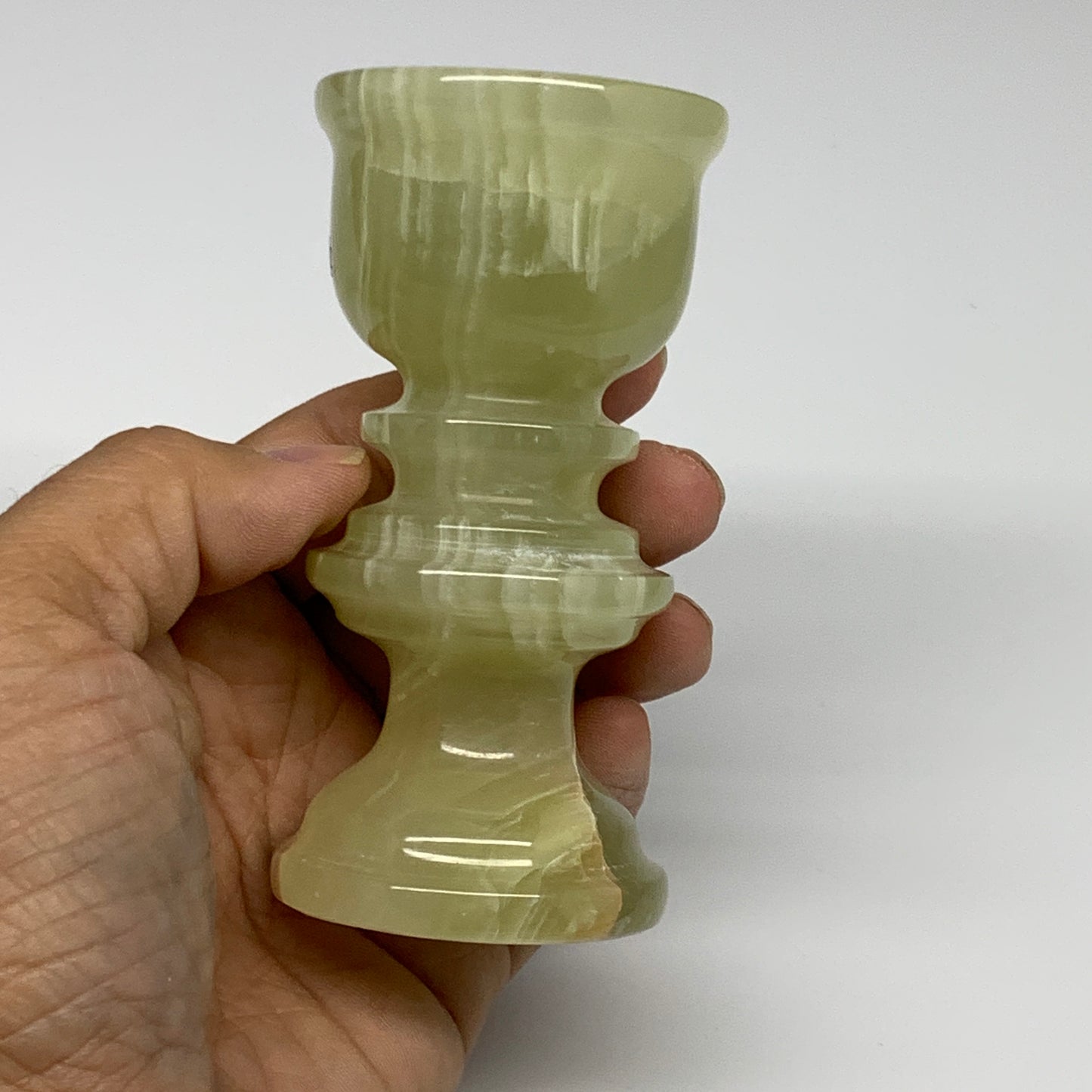 265g, 3.8"x1.9", Natural Green Onyx Candle Holder Gemstone Hand Carved, B32152