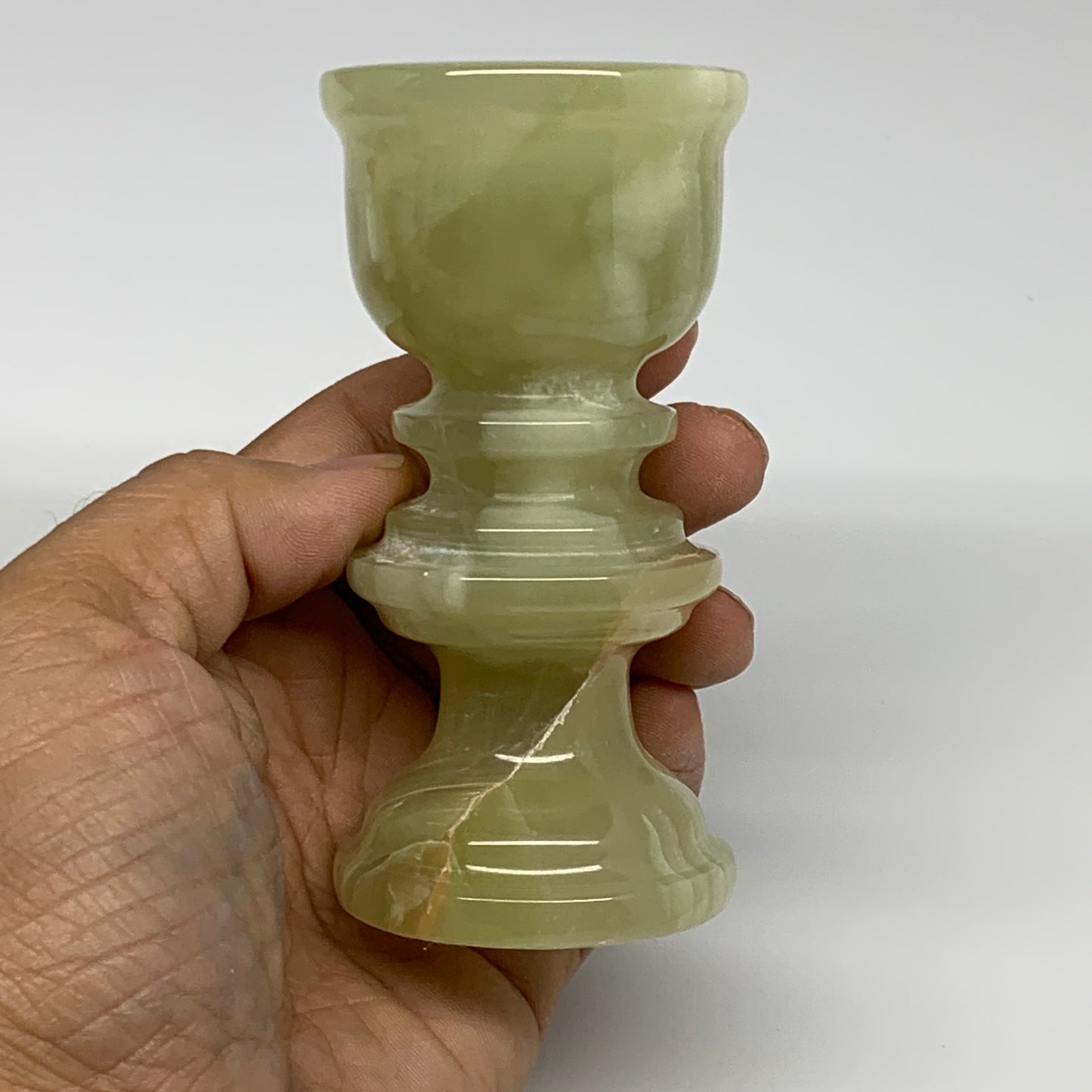 265g, 3.8"x1.9", Natural Green Onyx Candle Holder Gemstone Hand Carved, B32152