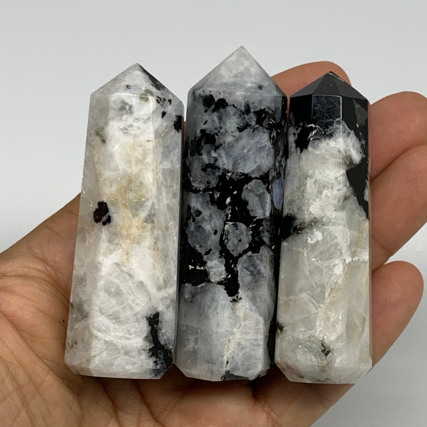 179.1g, 2.6"-2.8", 2pcs, Rainbow Moonstone Tower Obelisk Point Crystal @India, B