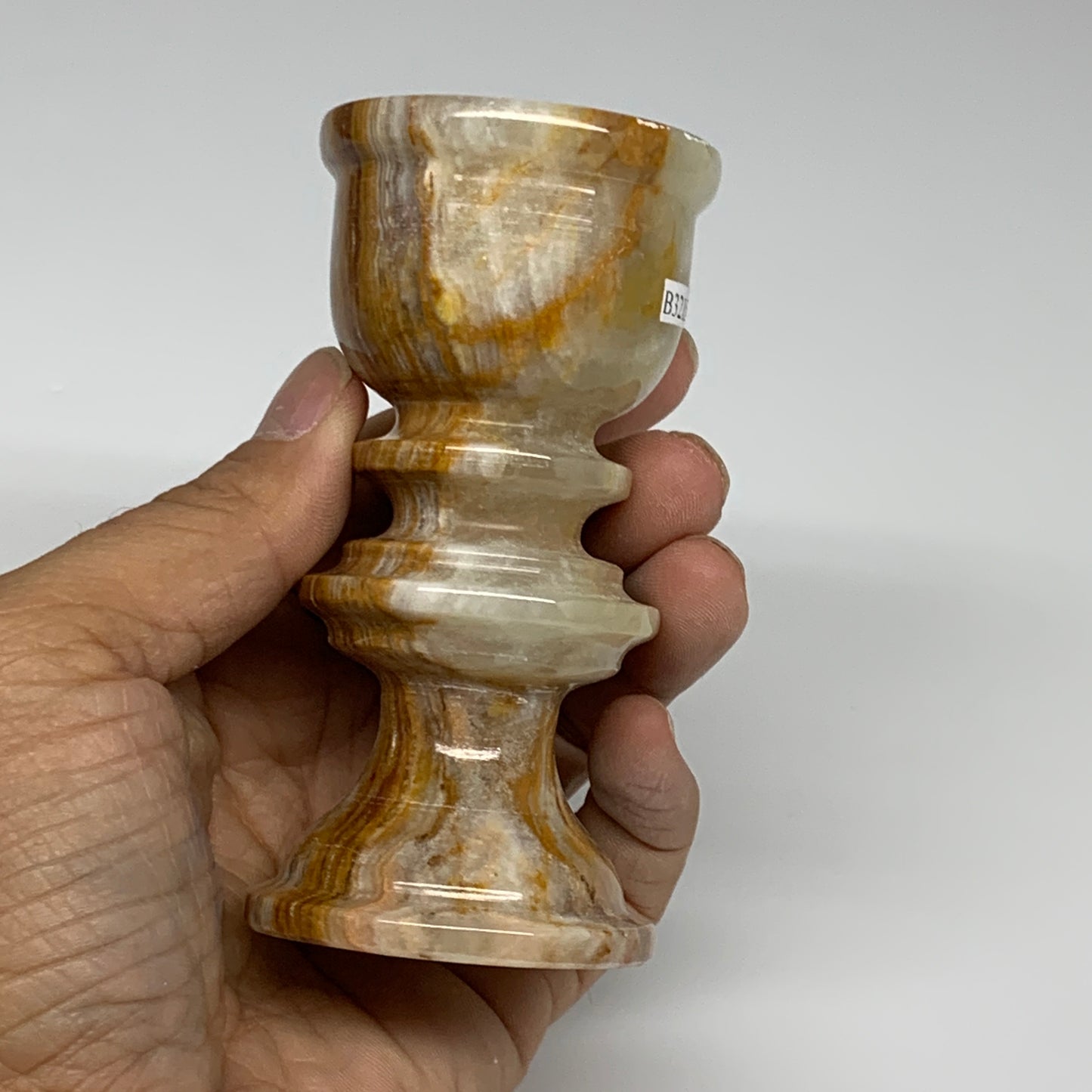 242g, 3.8"x1.9", Natural Green Onyx Candle Holder Gemstone Hand Carved, B32154