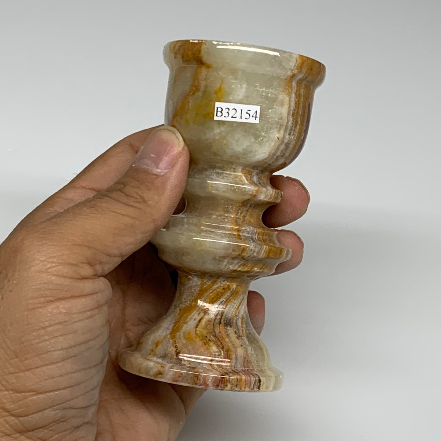 242g, 3.8"x1.9", Natural Green Onyx Candle Holder Gemstone Hand Carved, B32154