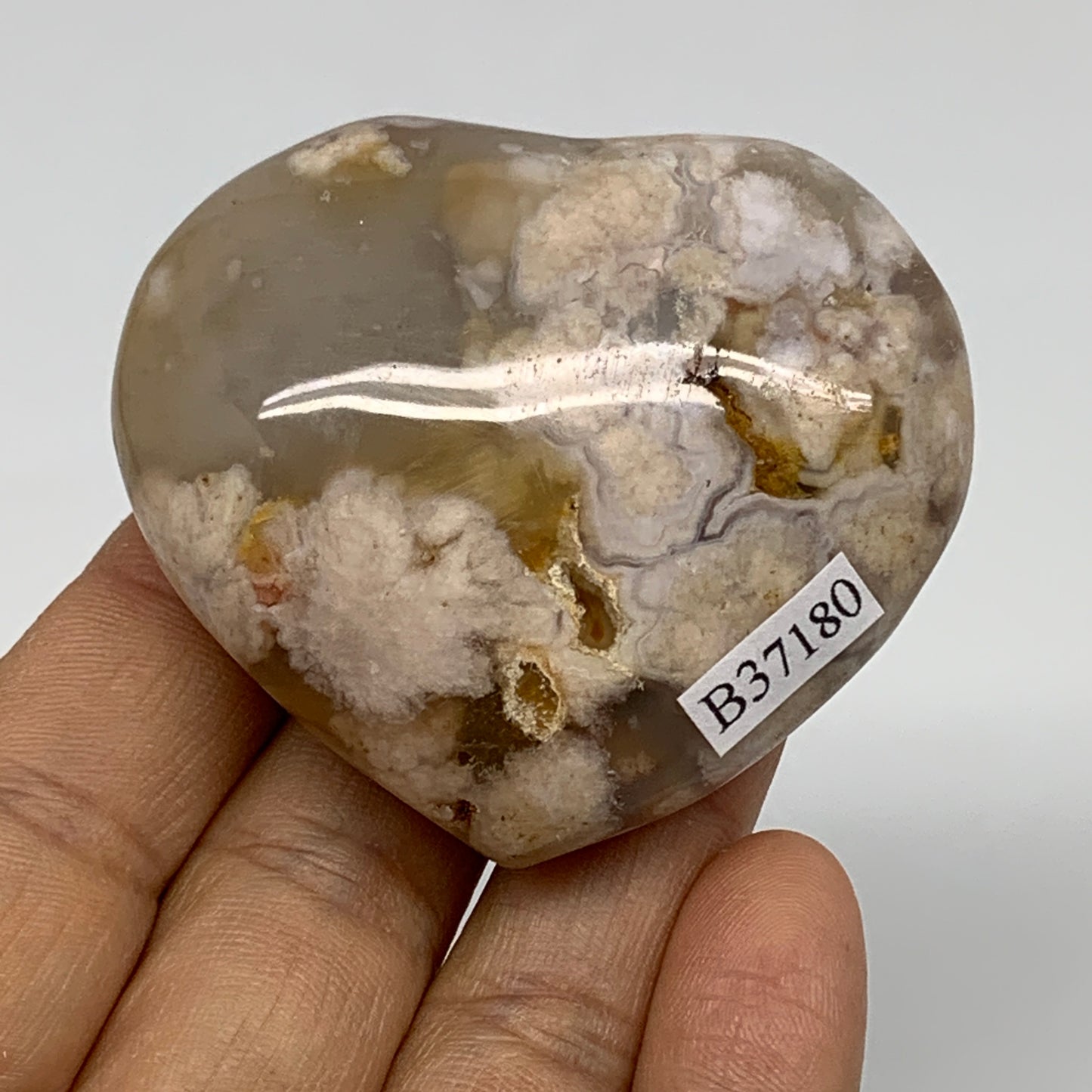 0.20 lbs, 2"x2.3"x1", Cherry Blossom Flower Agate Heart Crystal, B37180