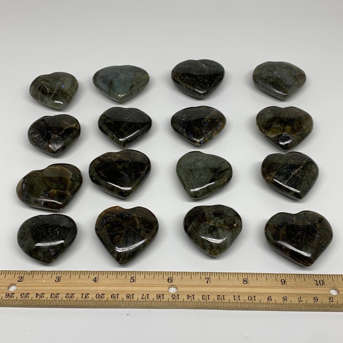 930g (2.05 lbs) ,16 pcs, 1.5"- 1.9", Labradorite Hearts Polished Crystals,B34929