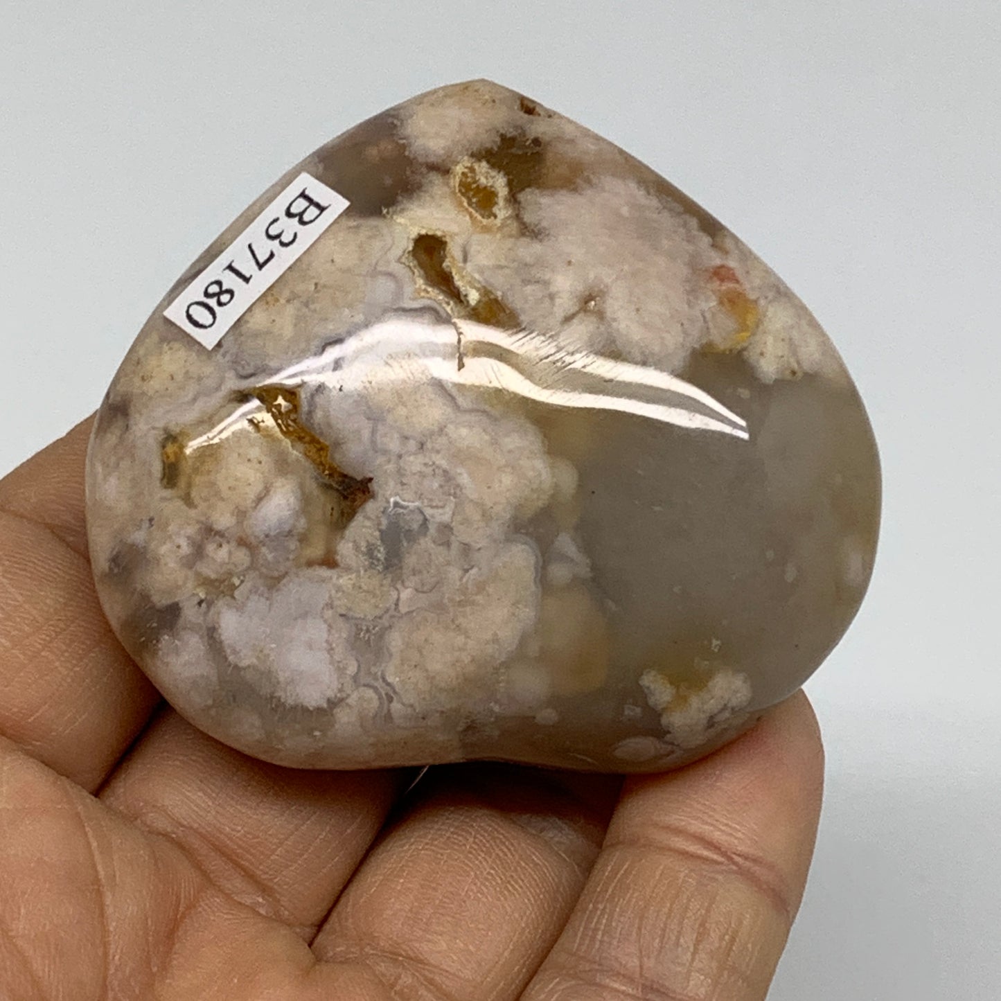 0.20 lbs, 2"x2.3"x1", Cherry Blossom Flower Agate Heart Crystal, B37180