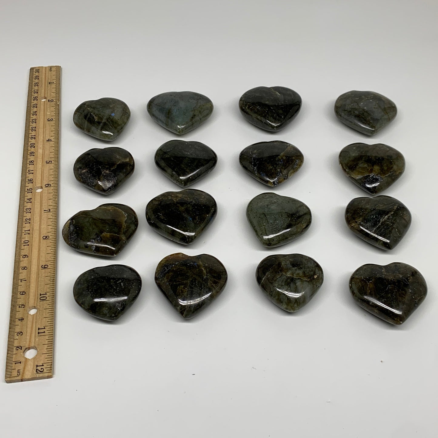 930g (2.05 lbs) ,16 pcs, 1.5"- 1.9", Labradorite Hearts Polished Crystals,B34929