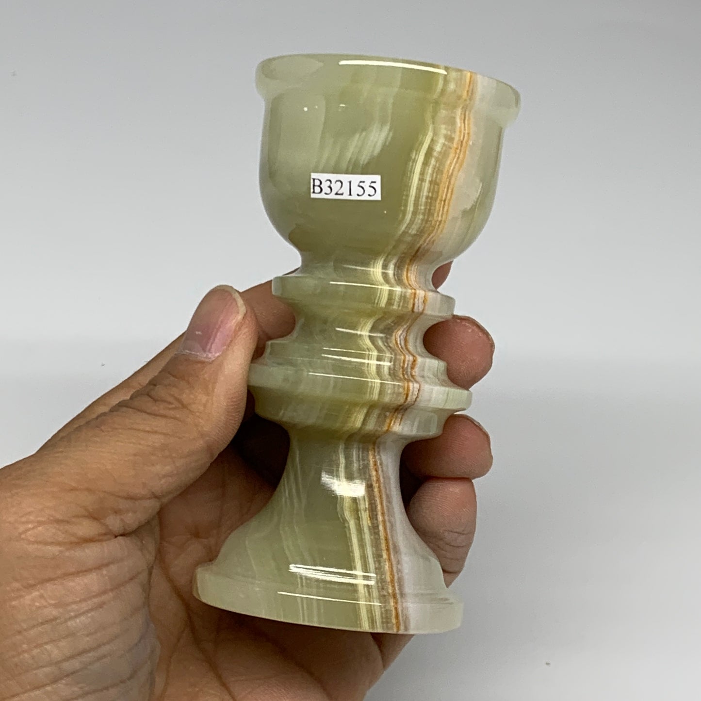 255g, 3.9"x1.9", Natural Green Onyx Candle Holder Gemstone Hand Carved, B32155