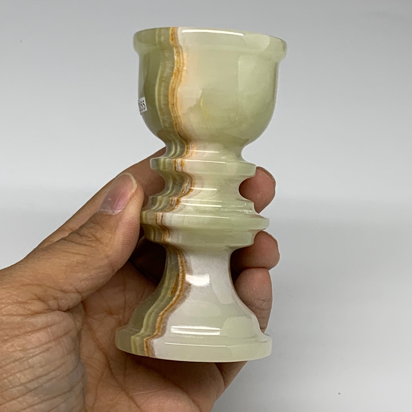 255g, 3.9"x1.9", Natural Green Onyx Candle Holder Gemstone Hand Carved, B32155
