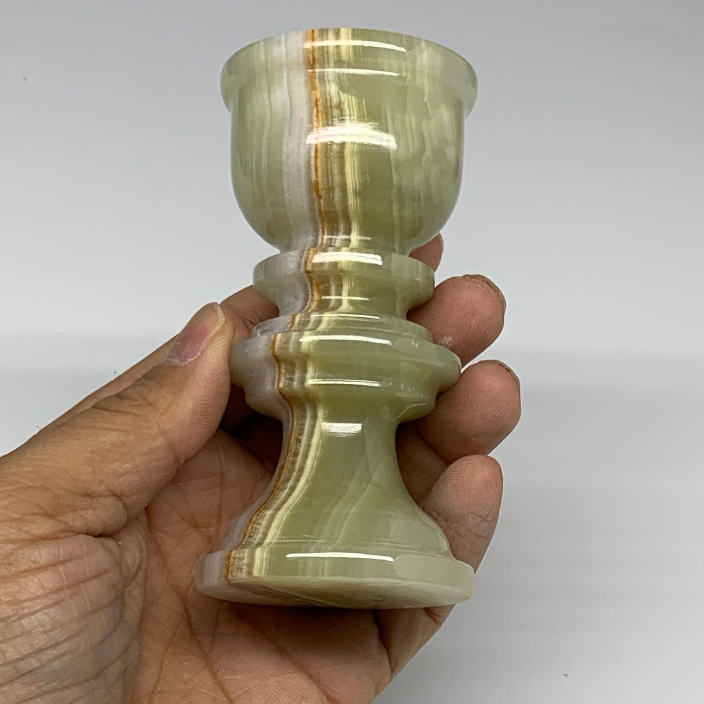 255g, 3.9"x1.9", Natural Green Onyx Candle Holder Gemstone Hand Carved, B32155