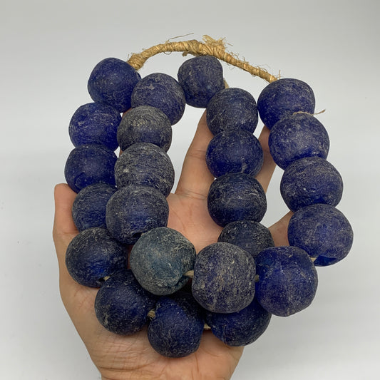 1.89 lbs, 24mm-26mm, 1 Strand, 24 beads, Blue Round Sea Glass Beads , B35653