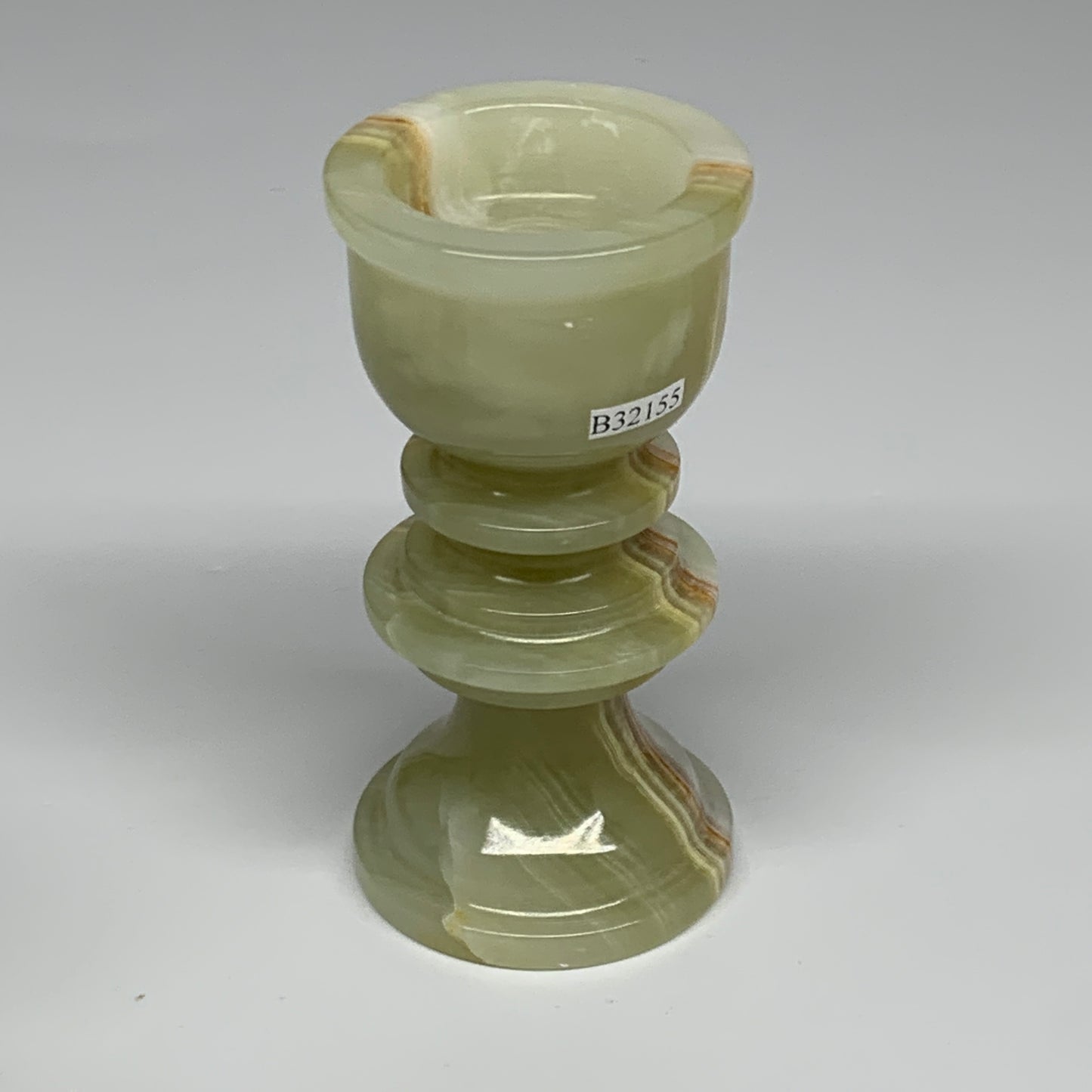 255g, 3.9"x1.9", Natural Green Onyx Candle Holder Gemstone Hand Carved, B32155